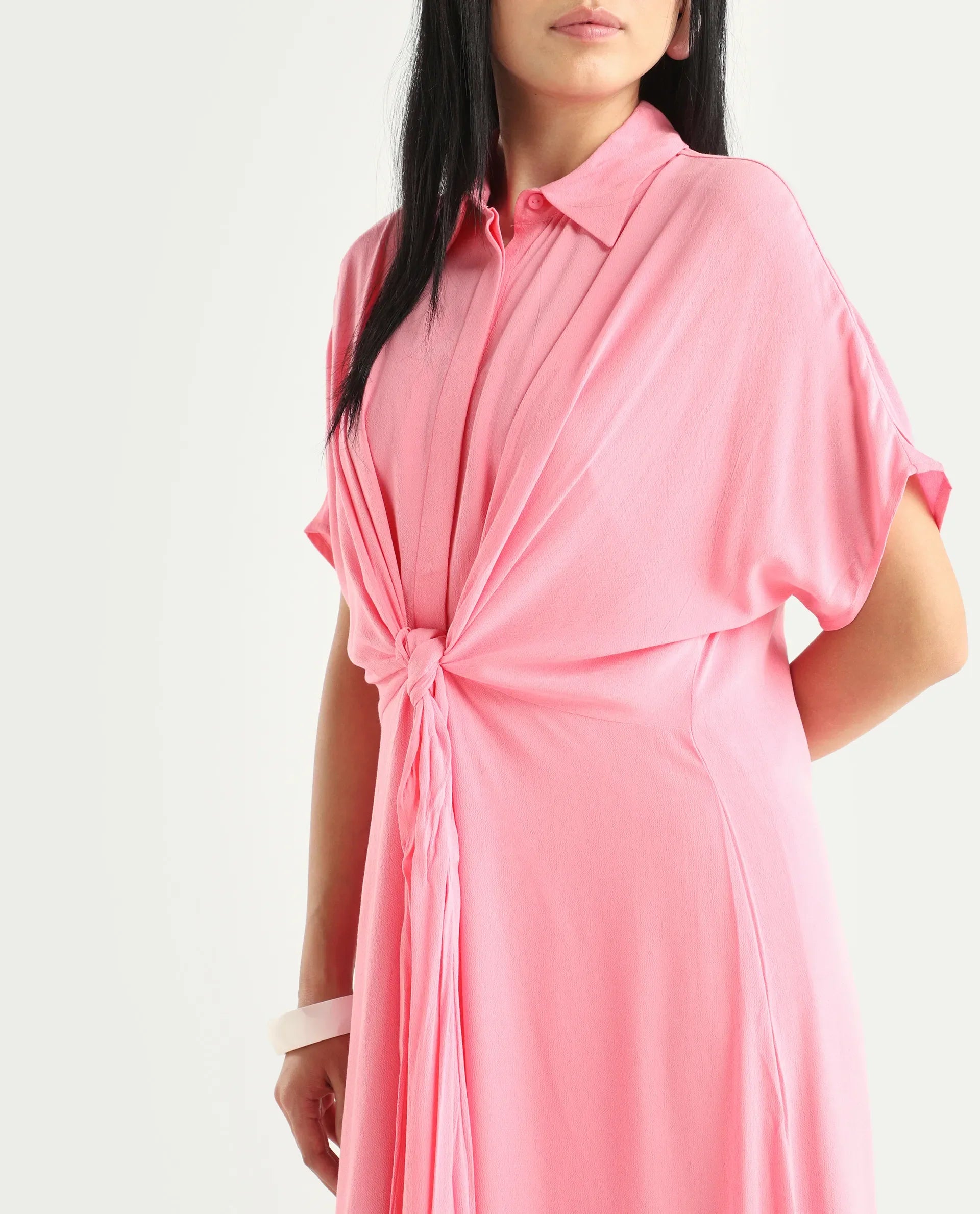 Rareism Women's Somnur Dusky Pink Cotton Spread Collar Plain Midi A-Line Dress