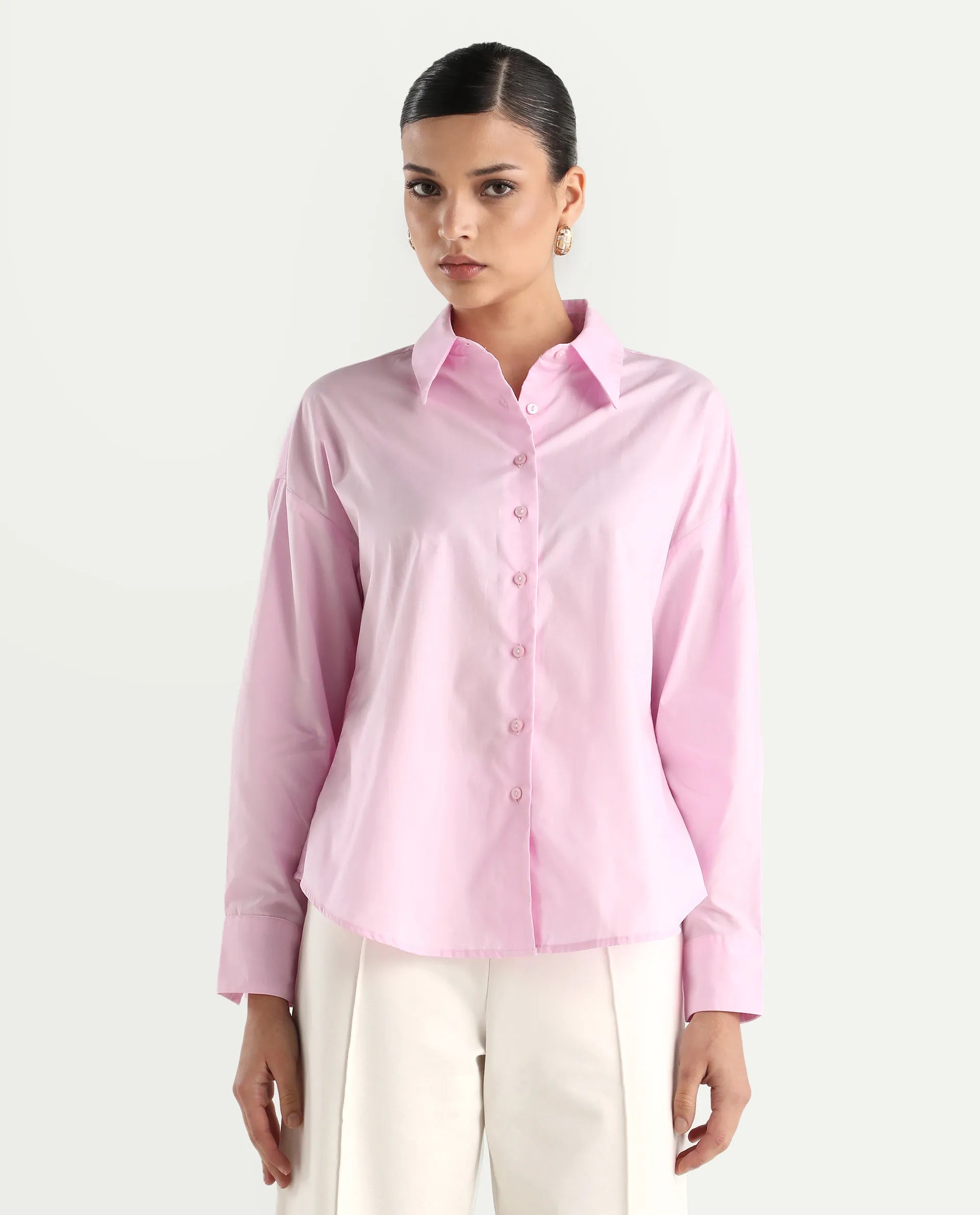 Rareism Women's Somrang Pink Cotton Spread Collar Plain Cuffed Sleeve Regular Fit Shirt