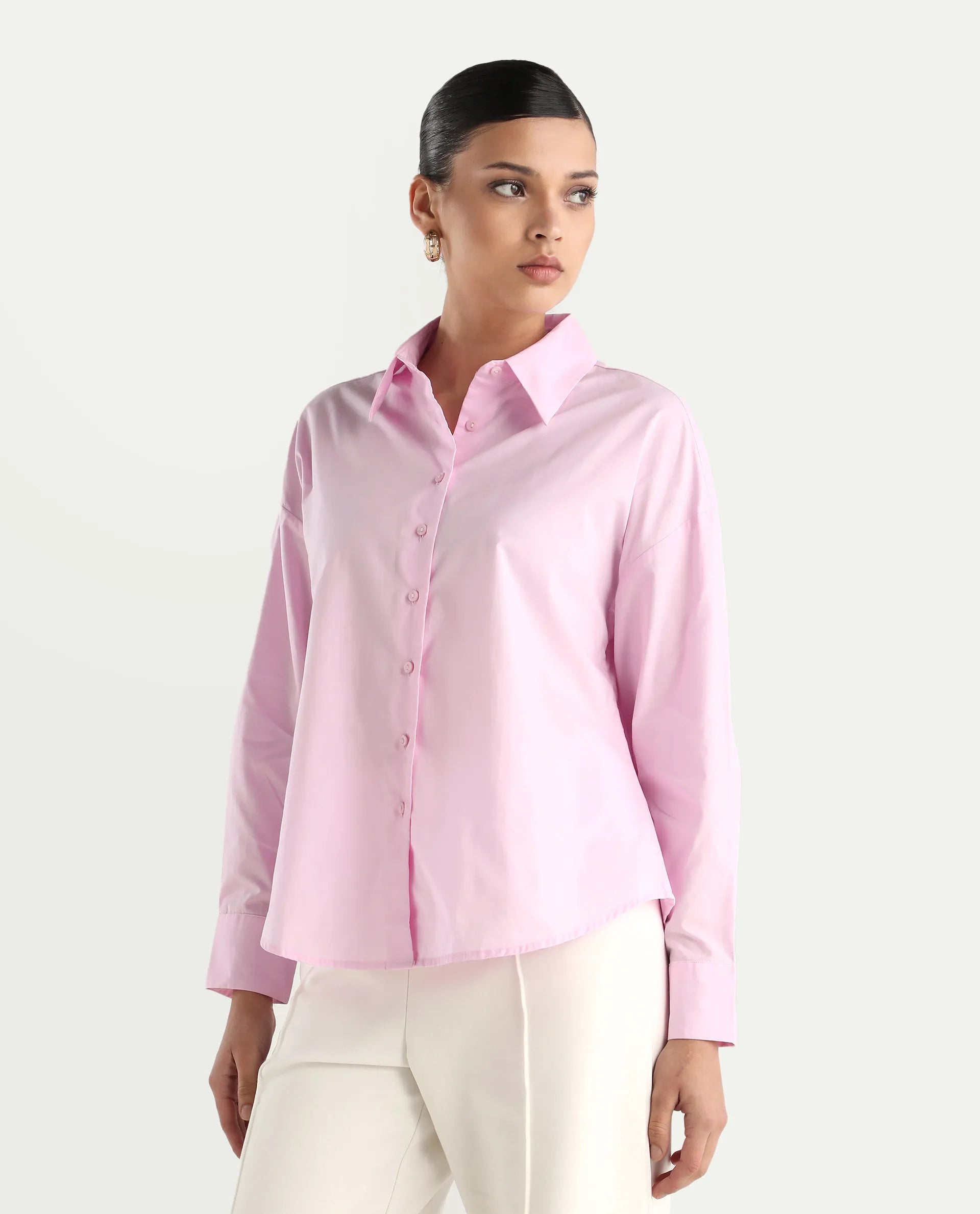 Rareism Women's Somrang Pink Cotton Spread Collar Plain Cuffed Sleeve Regular Fit Shirt