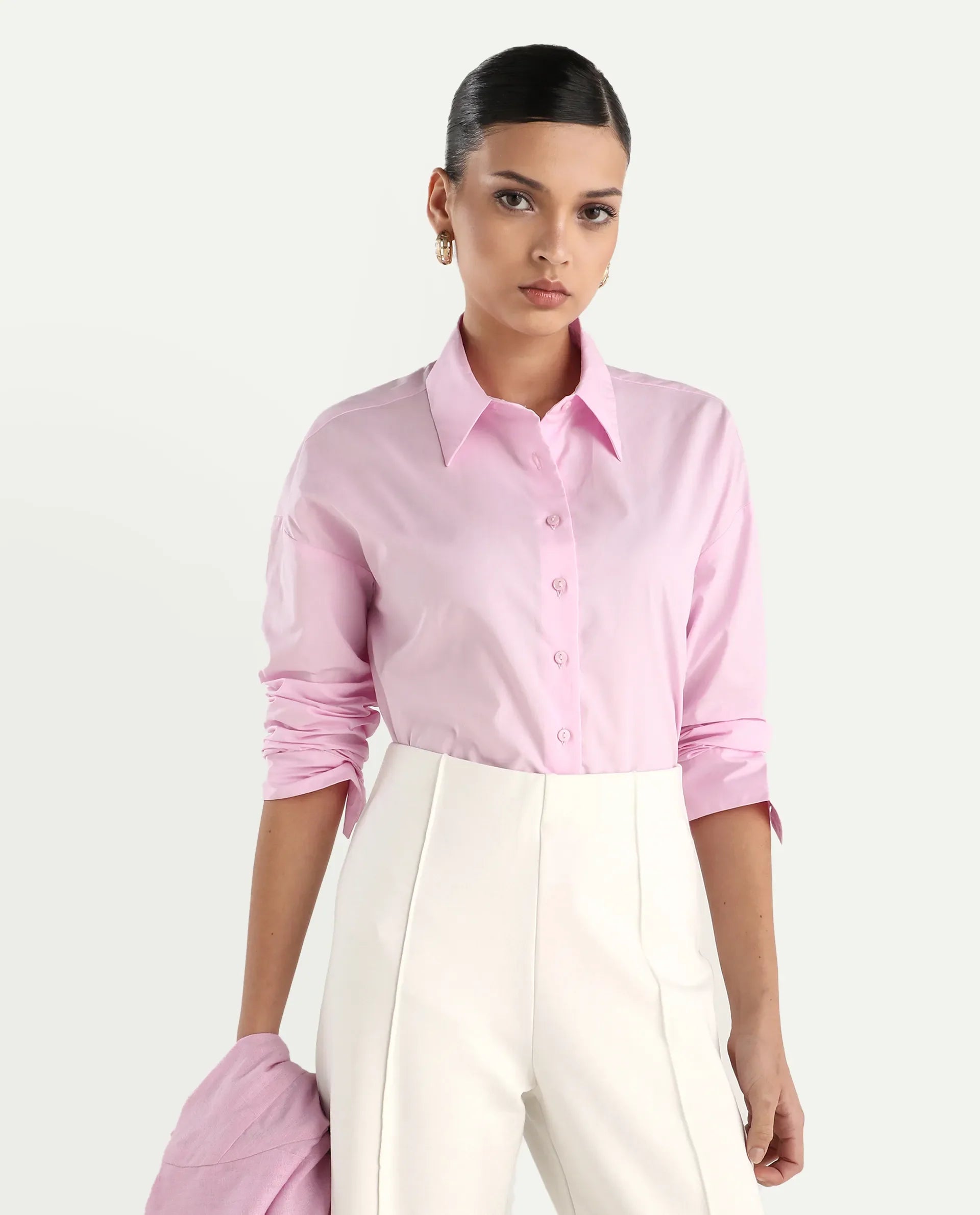 Rareism Women's Somrang Pink Cotton Spread Collar Plain Cuffed Sleeve Regular Fit Shirt