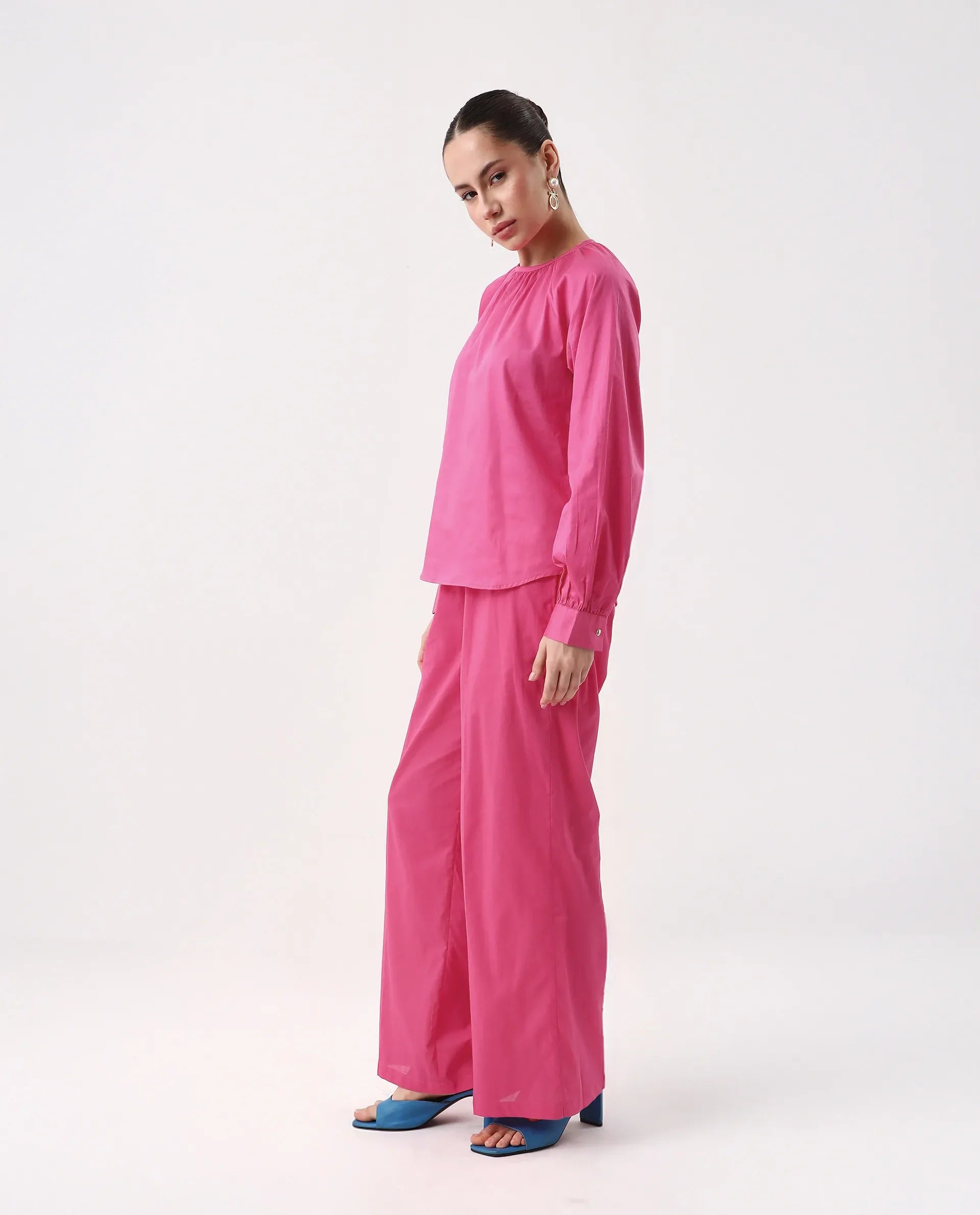 Rareism Women's Somhur B Pink Viscose Blend Plain Ankle Length Straight Fit Trouser