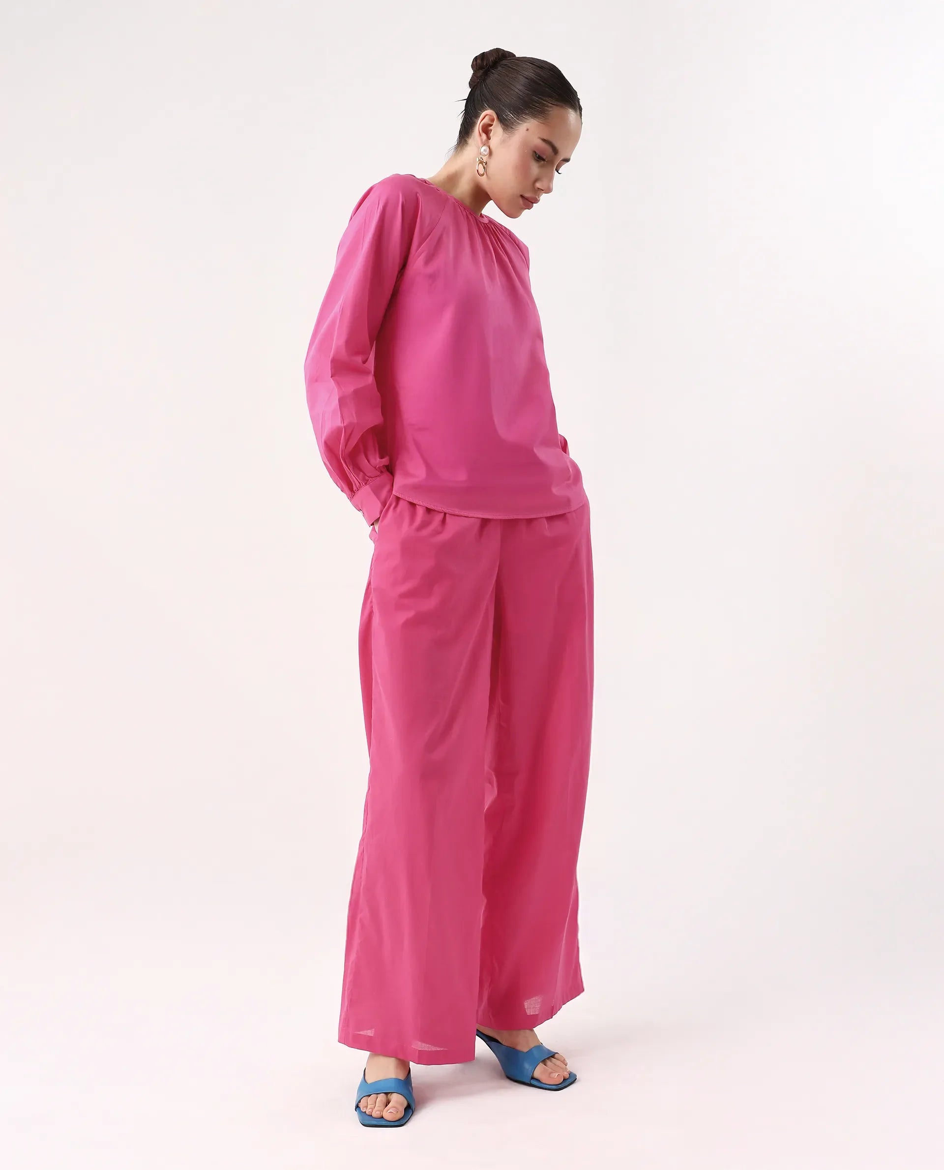 Rareism Women's Somhur B Pink Viscose Blend Plain Ankle Length Straight Fit Trouser