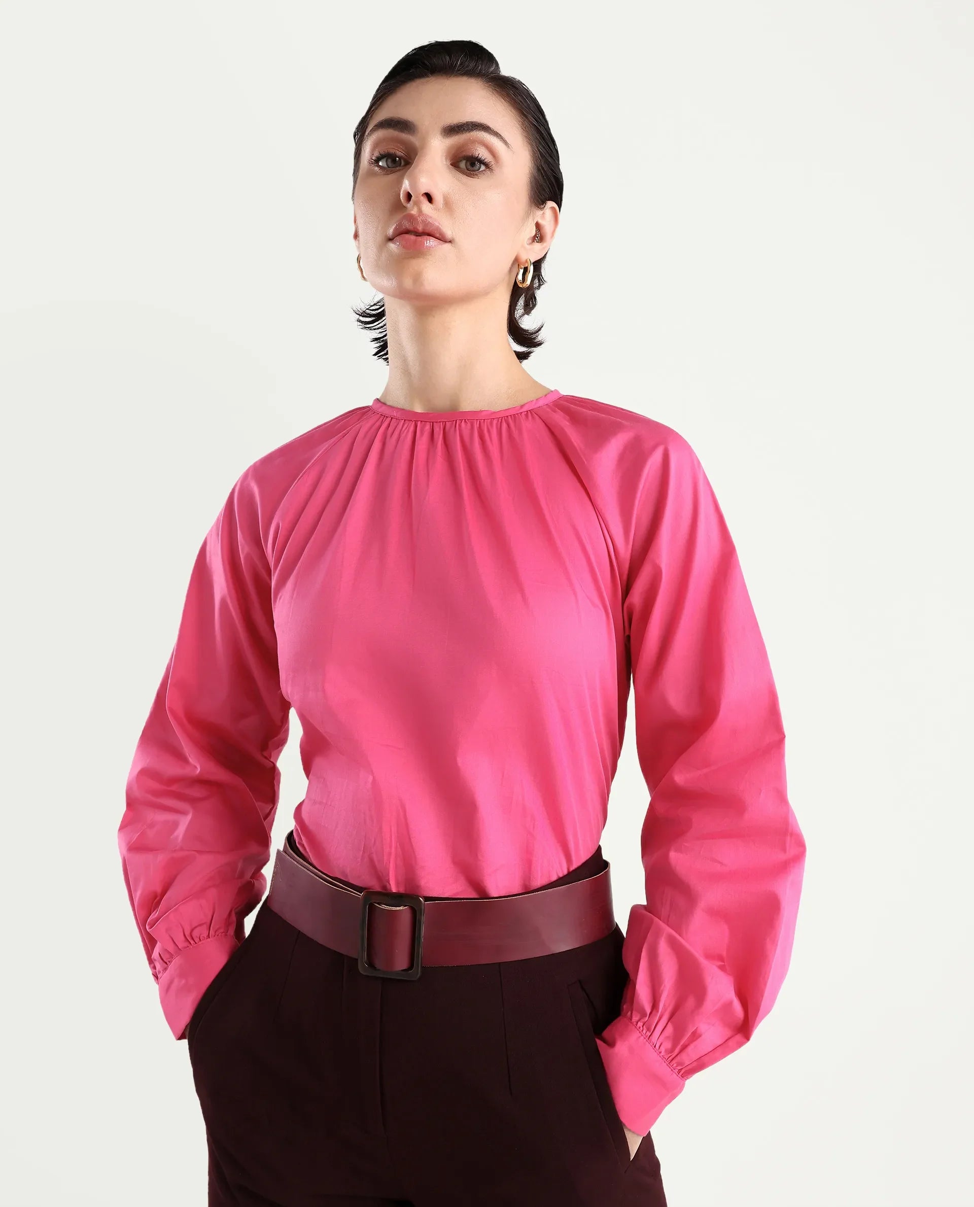 Rareism Women's Somree Pink Cotton Round Neck Plain Cuffed Sleeve Relaxed Fit Top