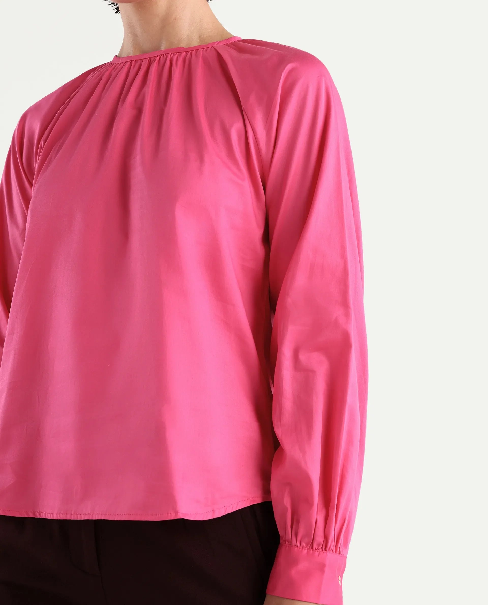 Rareism Women's Somree Pink Cotton Round Neck Plain Cuffed Sleeve Relaxed Fit Top