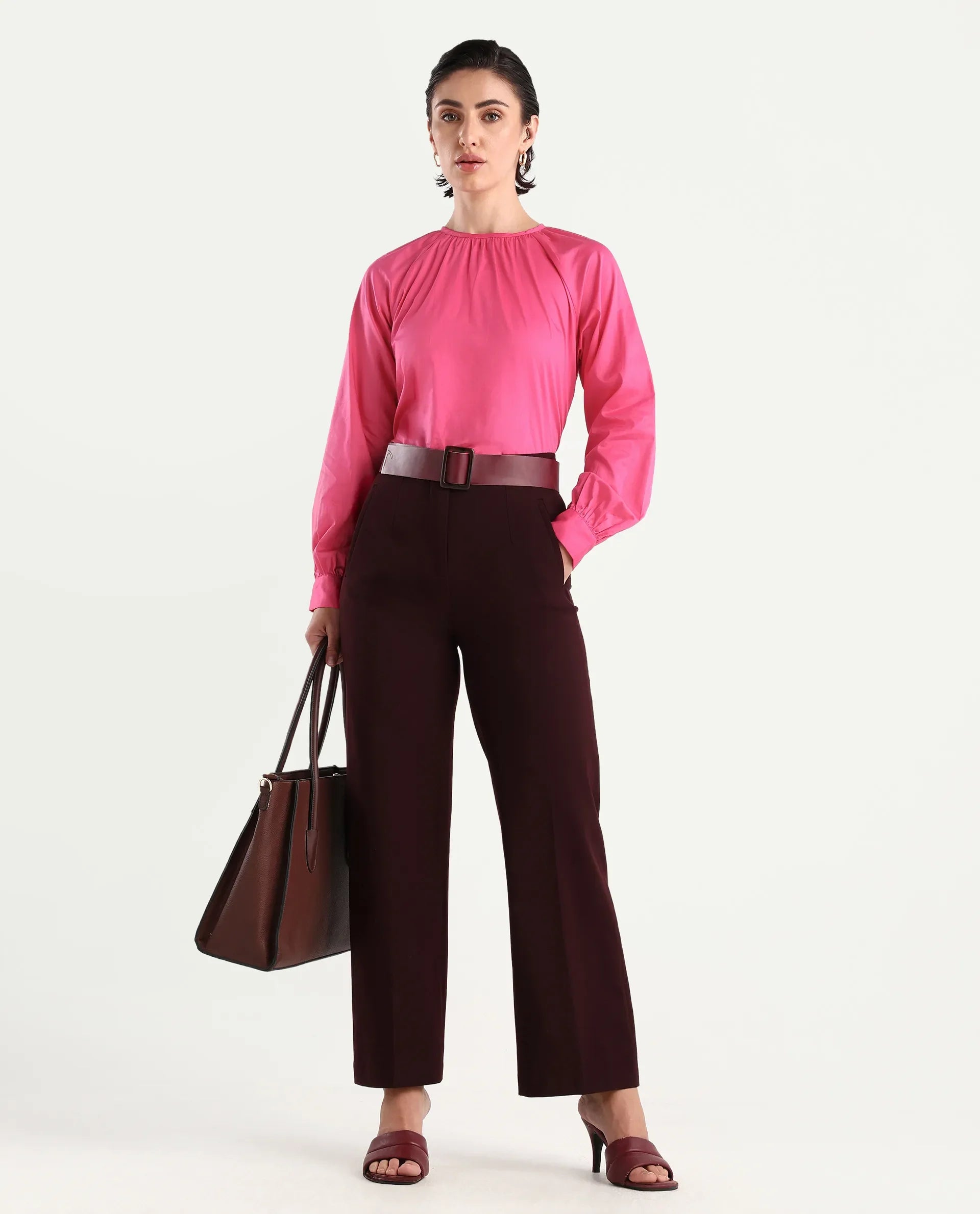 Rareism Women's Somree Pink Cotton Round Neck Plain Cuffed Sleeve Relaxed Fit Top