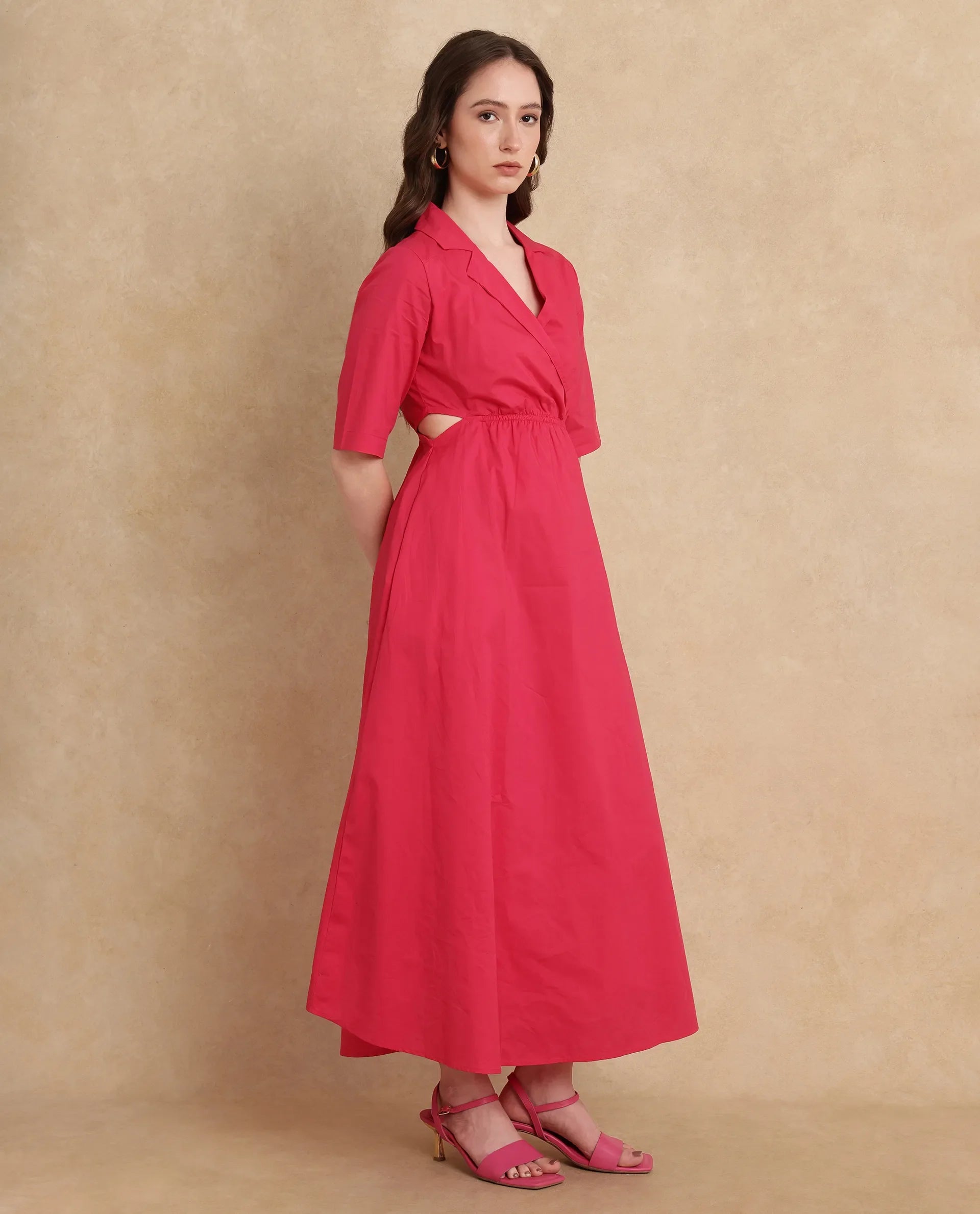Rareism Women's Somrica Dark Pink Cotton Lapel Neck Plain Maxi A-Line Dress