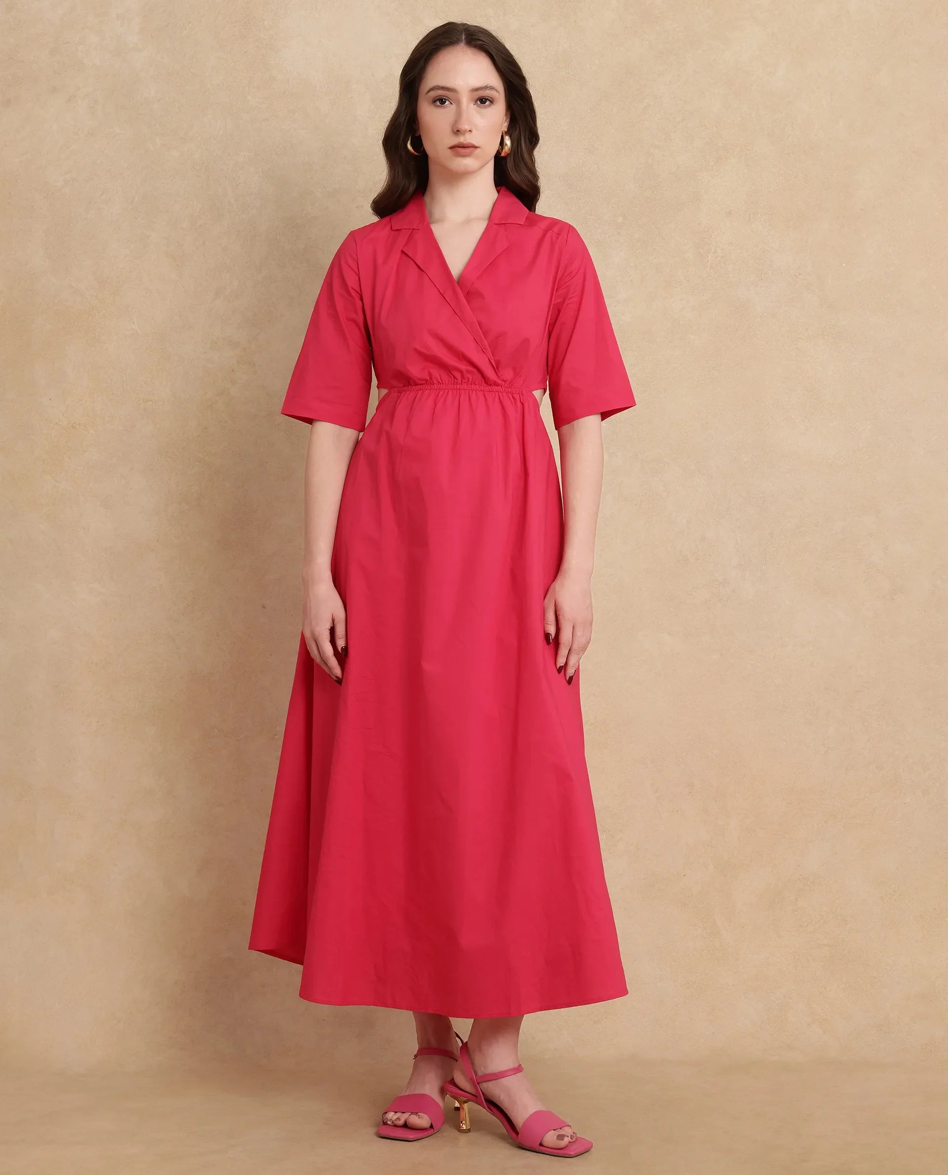 Rareism Women Somrica Dark Pink Cotton Fabric Half Sleeve Lapel Collar A-Line Maxi Plain Dress