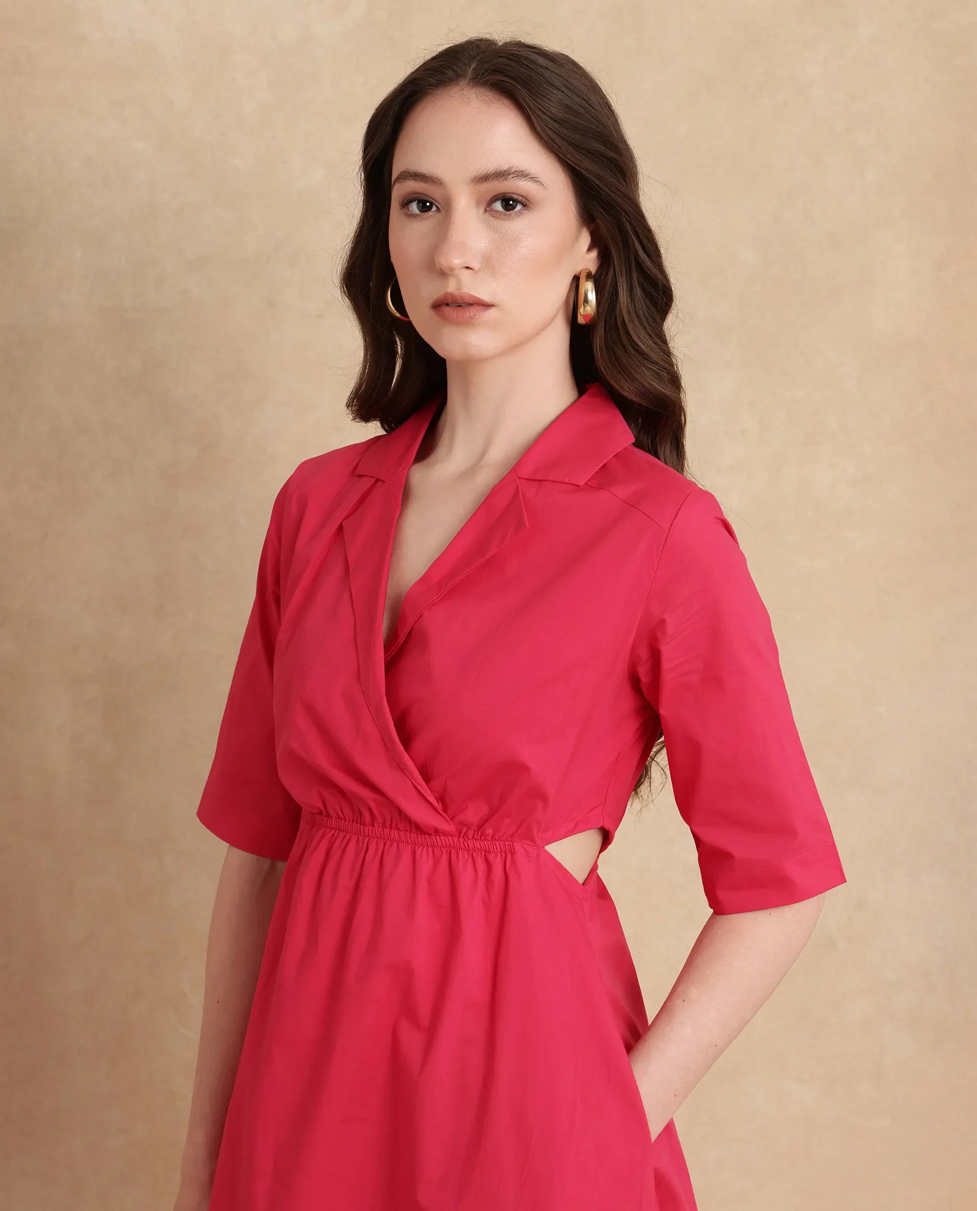 Rareism Women Somrica Dark Pink Cotton Fabric Half Sleeve Lapel Collar A-Line Maxi Plain Dress