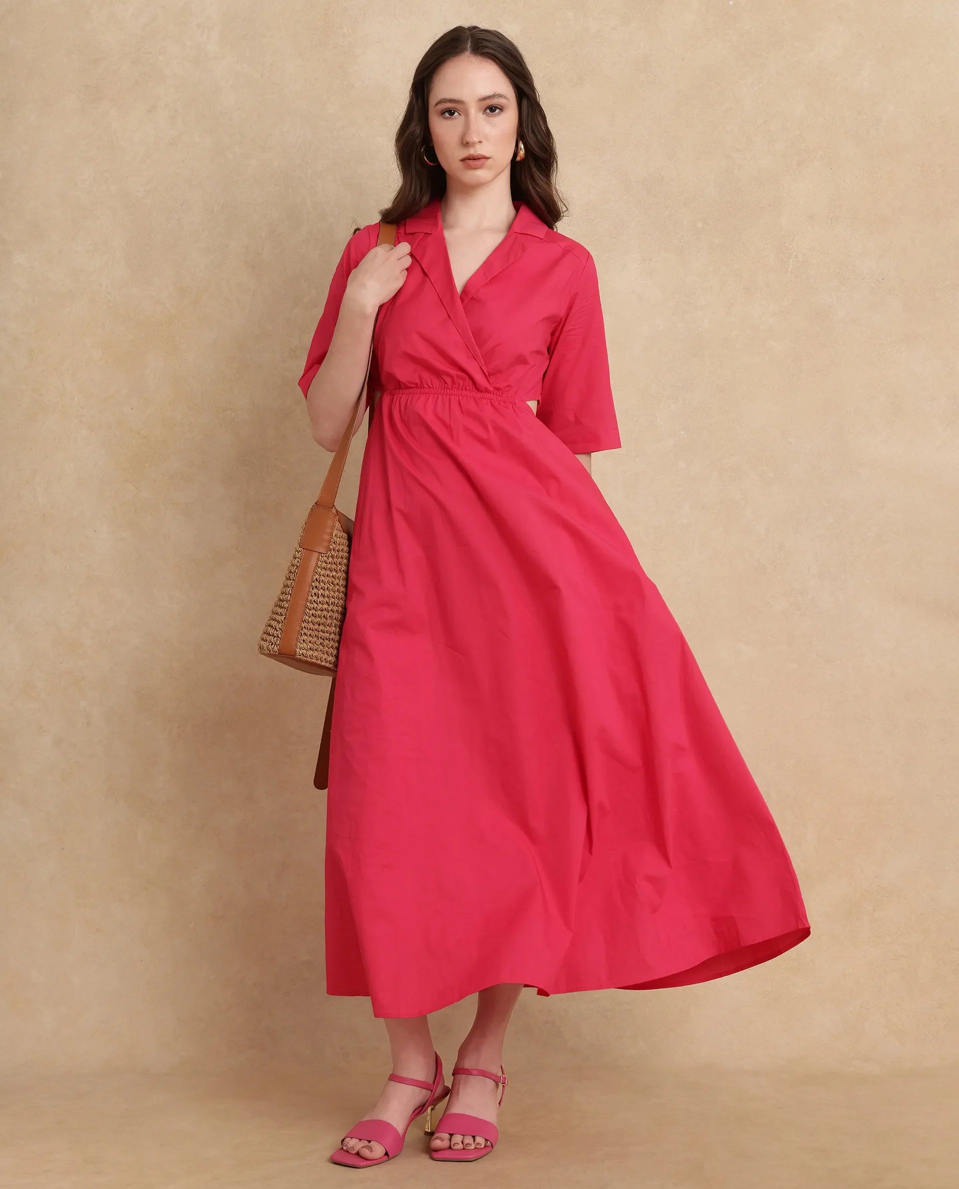 Rareism Women's Somrica Dark Pink Cotton Lapel Neck Plain Maxi A-Line Dress