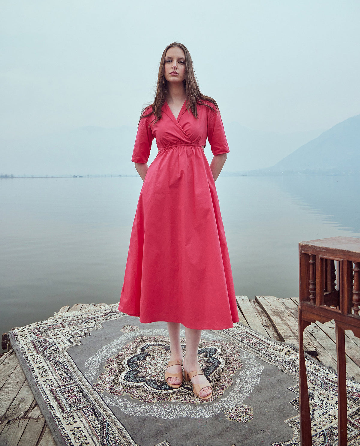 Rareism Women Somrica Dark Pink Cotton Fabric Half Sleeve Lapel Collar A-Line Maxi Plain Dress