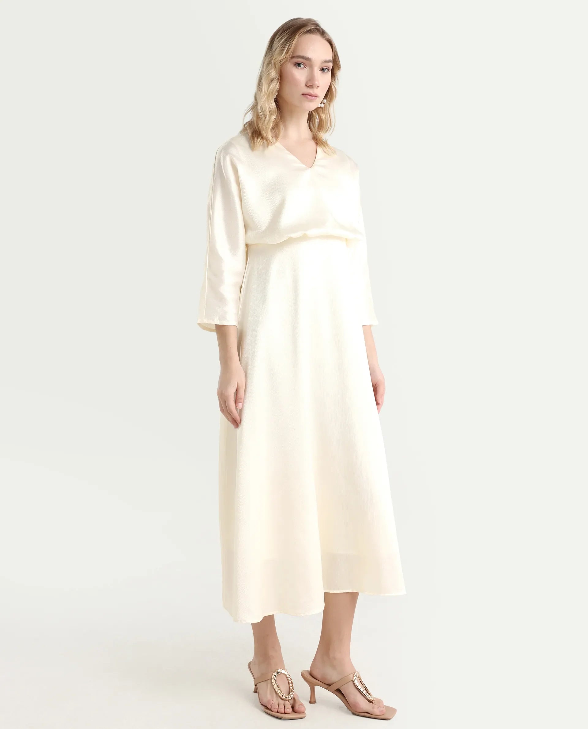 Rareism Women's Somsho Off White Polyester V-Neck Plain Kimono Sleeve Maxi A-Line Dress