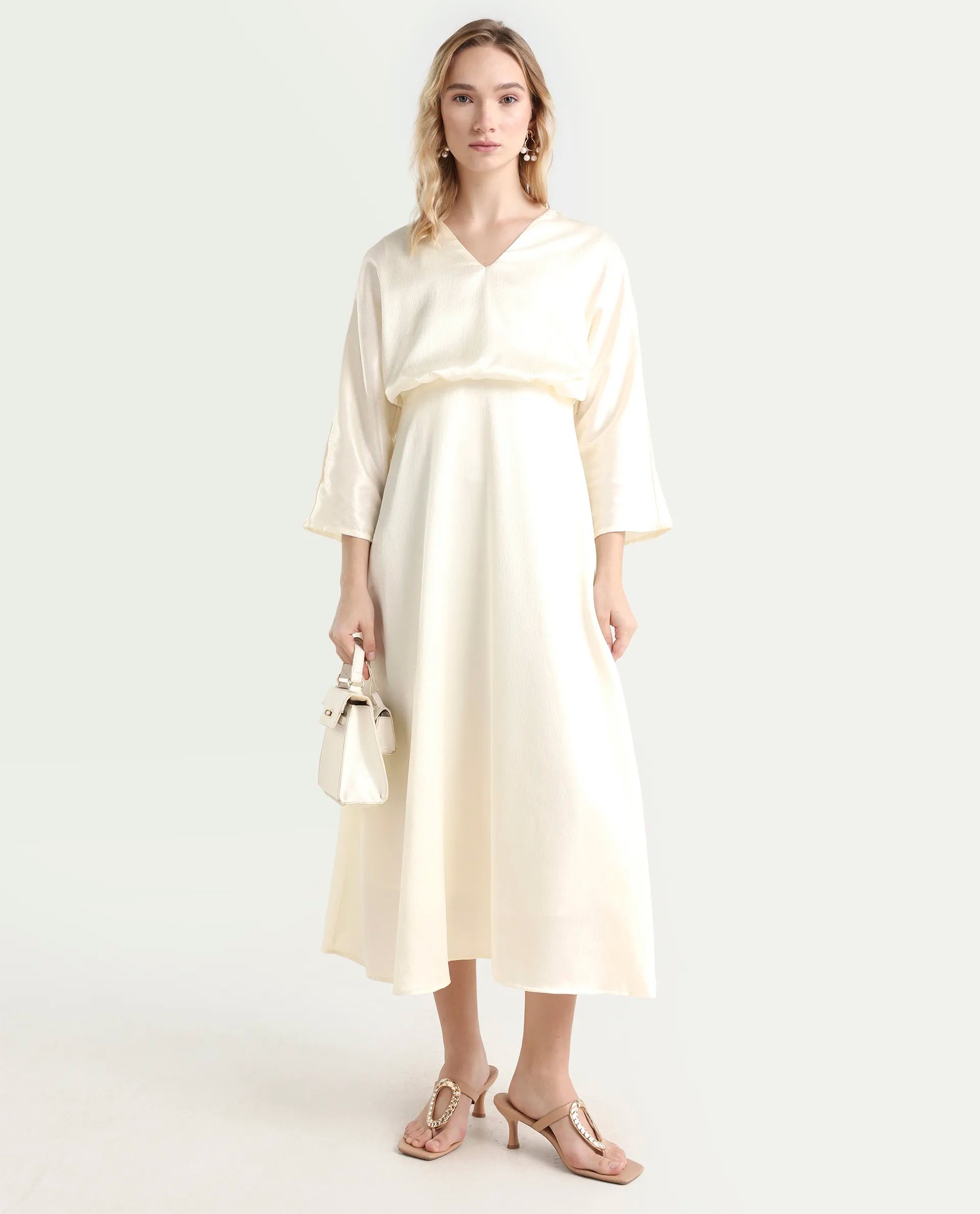 Rareism Women's Somsho Off White Polyester V-Neck Plain Kimono Sleeve Maxi A-Line Dress