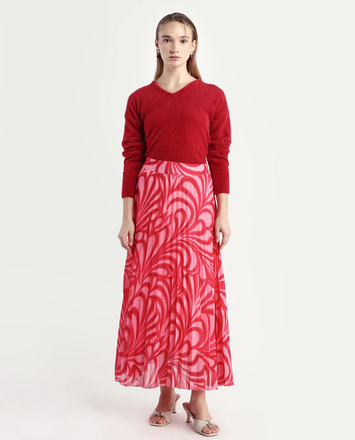 Rareism Women's Somsiri Pink Polyester Abstract Print Maxi Flared Skirt