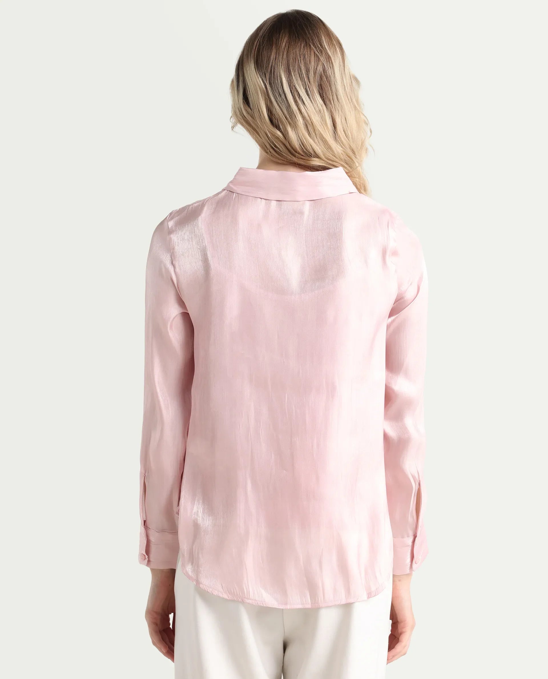 Rareism Women's Somsuj Light Pink Polyester Spread Collar Plain Cuffed Sleeve Regular Fit Shirt