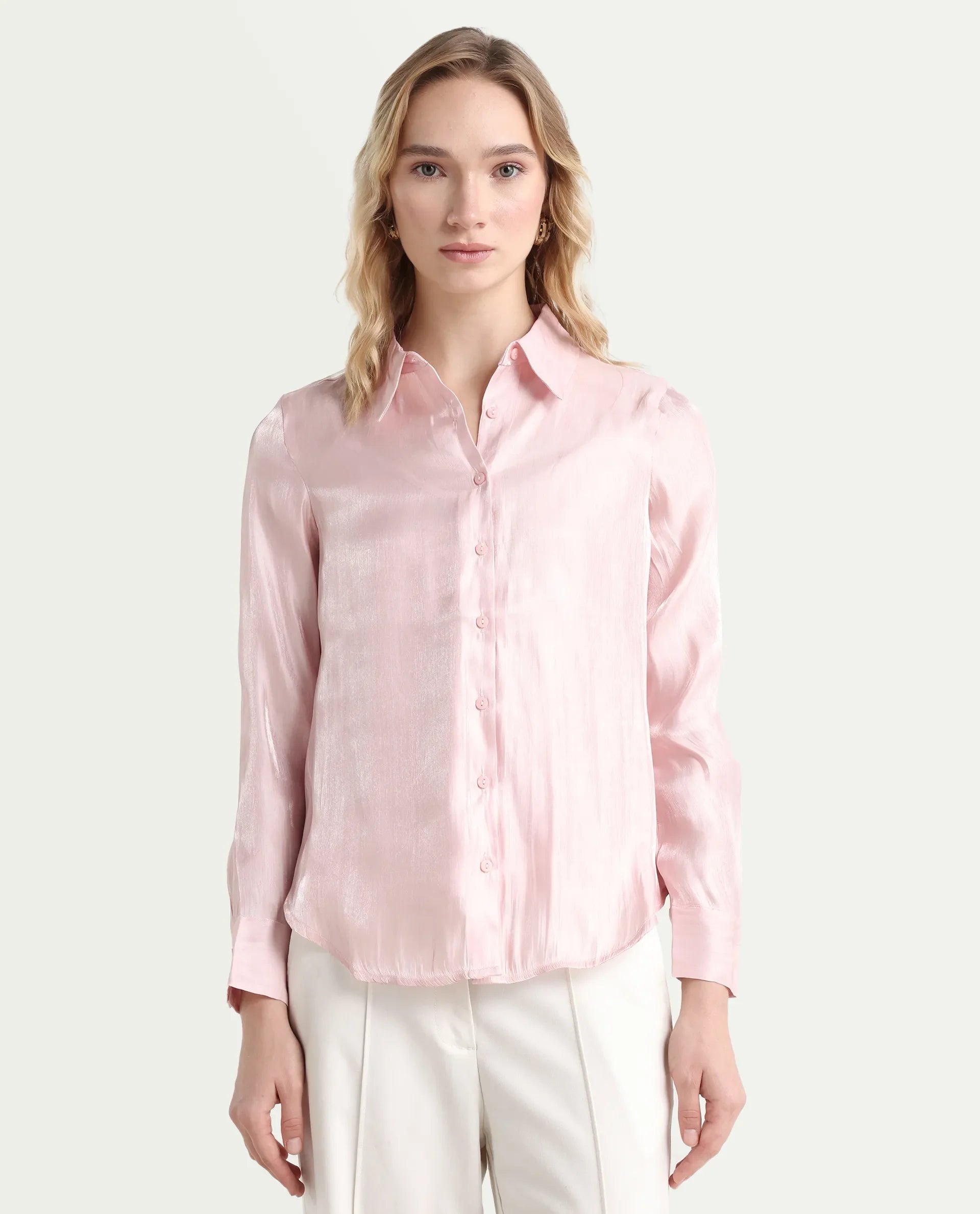 Rareism Women's Somsuj Light Pink Polyester Spread Collar Plain Cuffed Sleeve Regular Fit Shirt