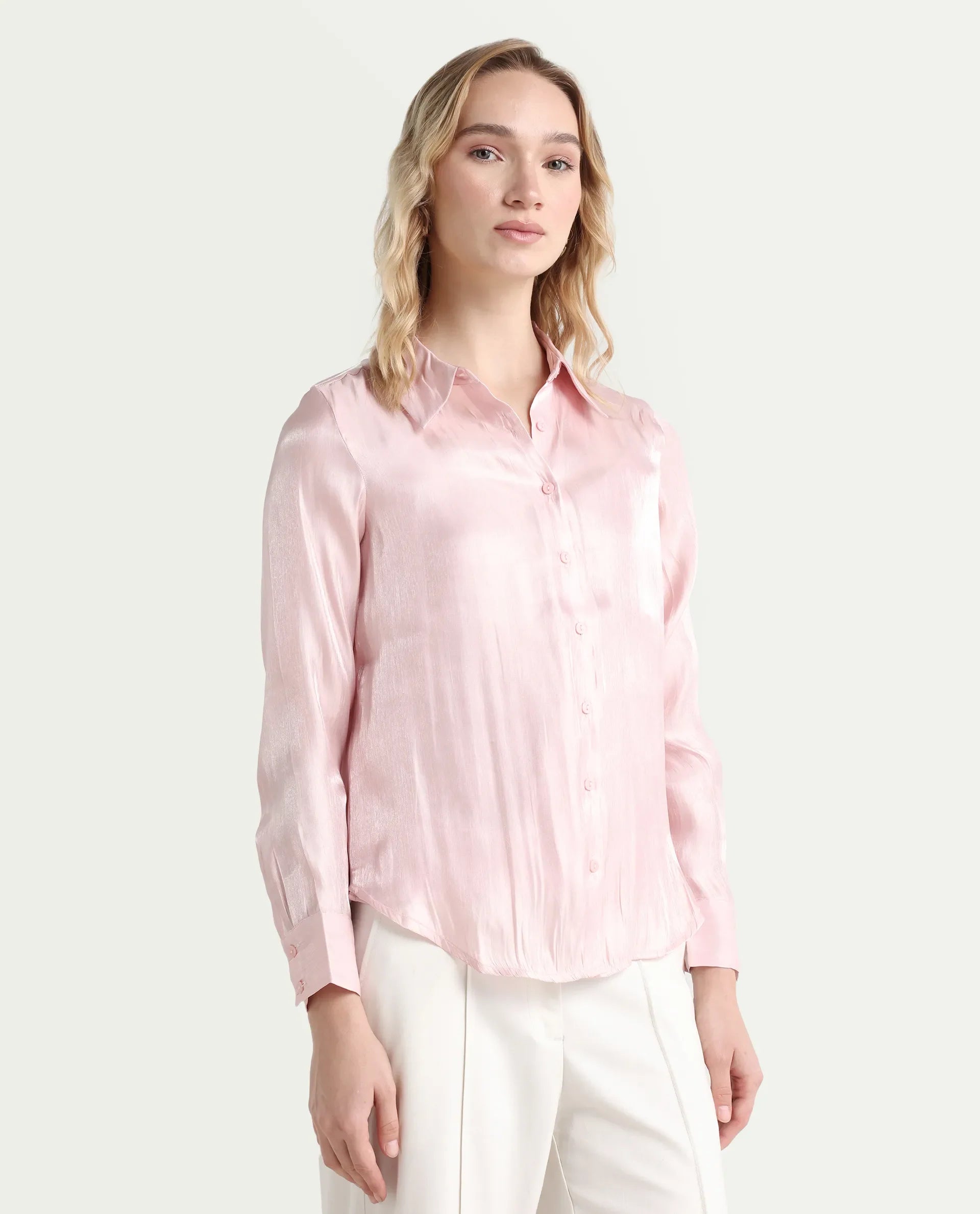 Rareism Women's Somsuj Light Pink Polyester Spread Collar Plain Cuffed Sleeve Regular Fit Shirt