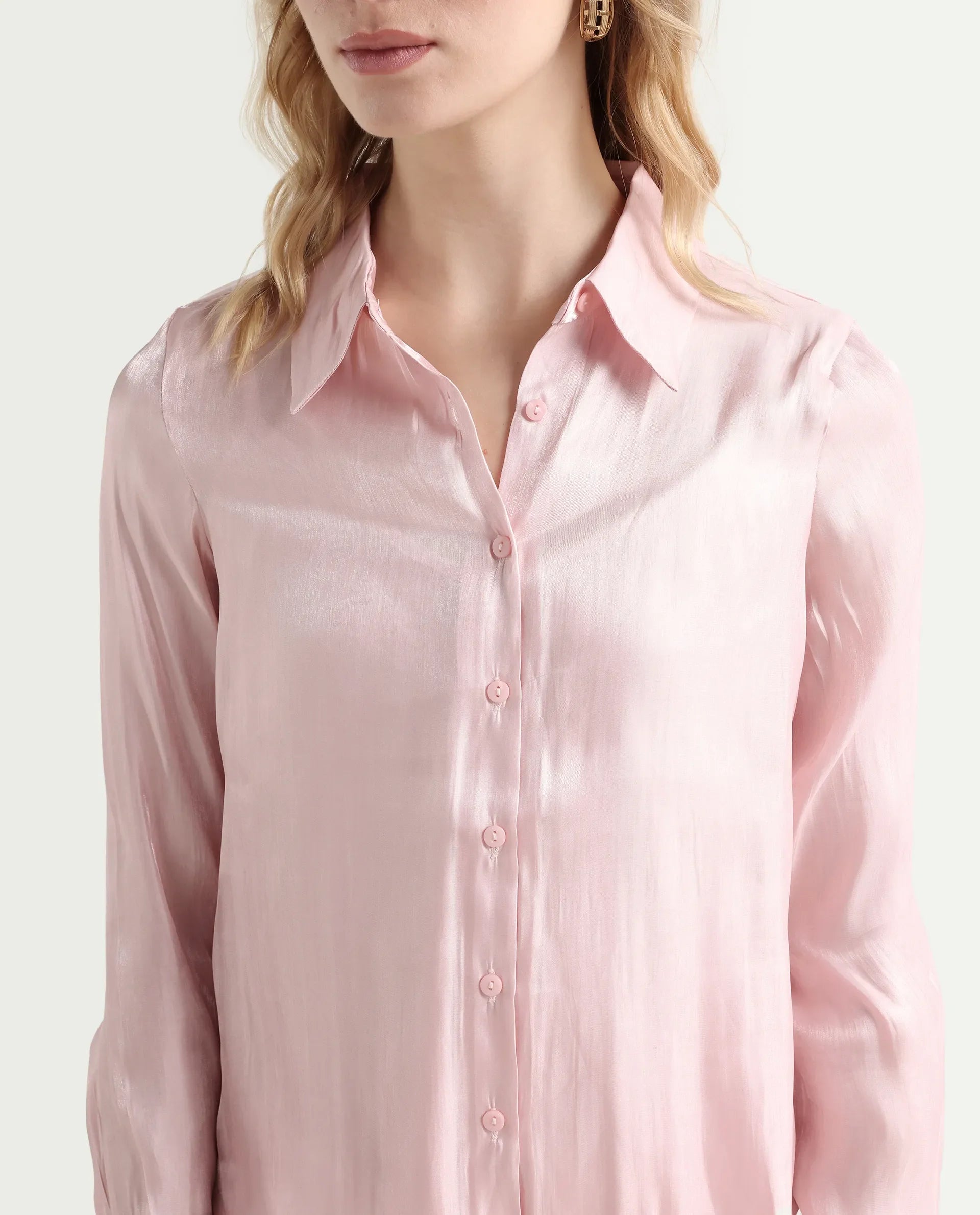 Rareism Women's Somsuj Light Pink Polyester Spread Collar Plain Cuffed Sleeve Regular Fit Shirt