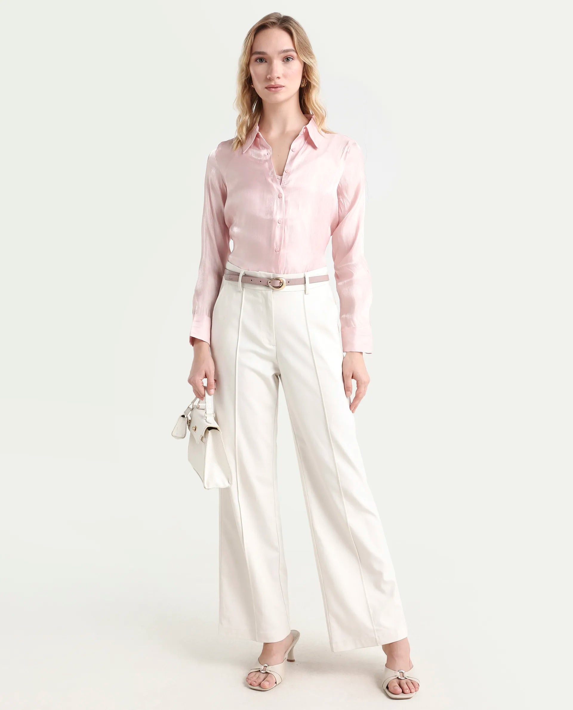 Rareism Women's Somsuj Light Pink Polyester Spread Collar Plain Cuffed Sleeve Regular Fit Shirt