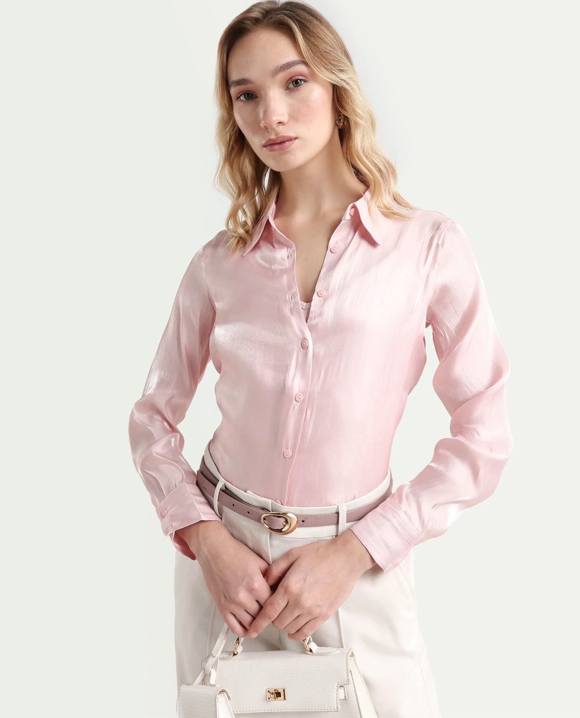 Rareism Women's Somsuj Light Pink Polyester Spread Collar Plain Cuffed Sleeve Regular Fit Shirt