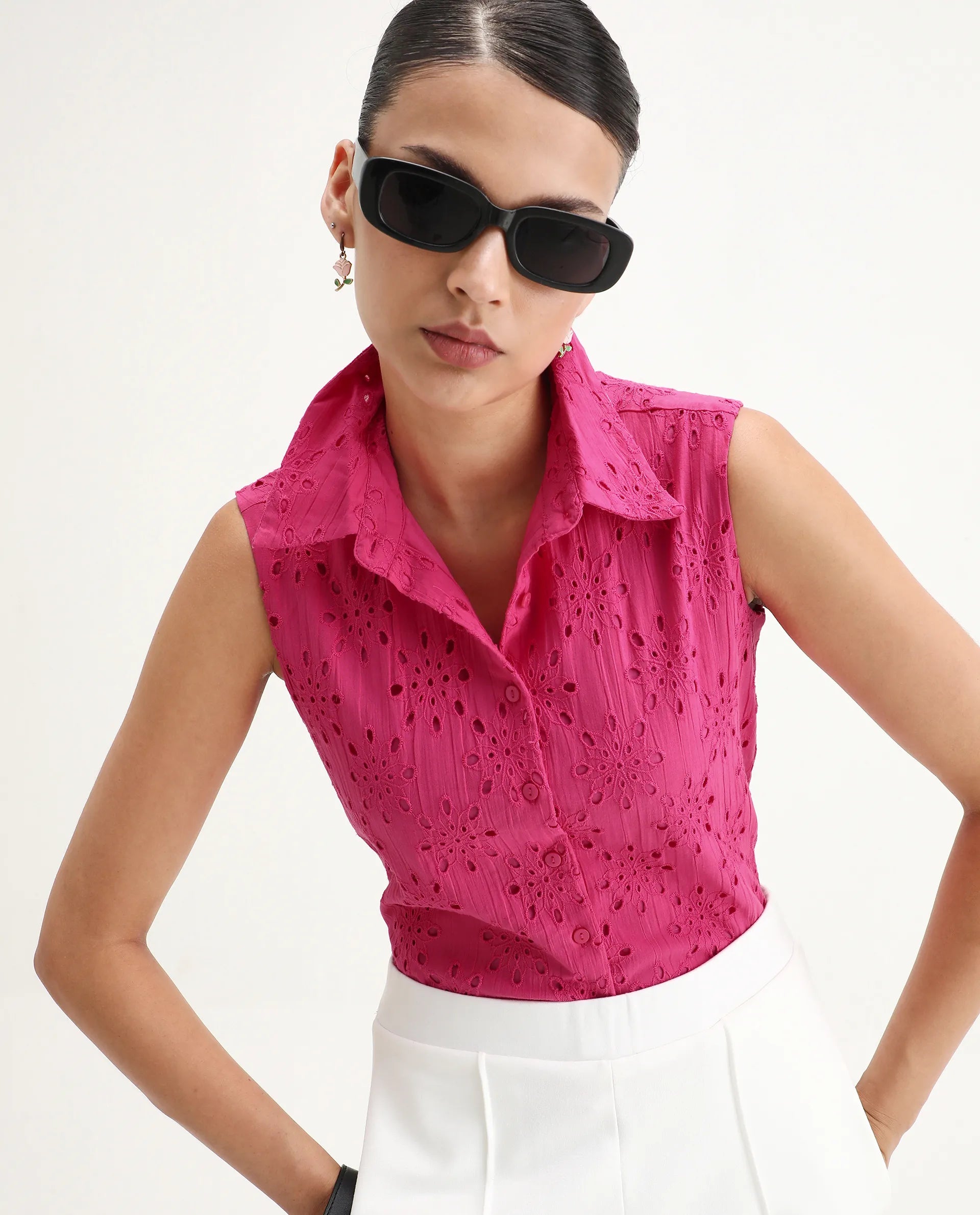 Rareism Women's Somtel Pink Cotton Spread Collar Schiffli Sleeveless Crop Regular Fit Top