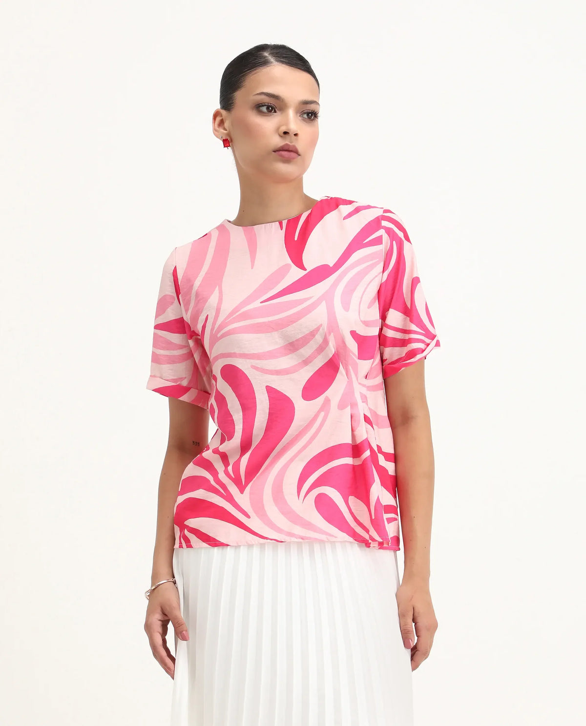 Rareism Women's Somtij Pink Viscose Blend Round Neck Abstract Print Regular Fit Top
