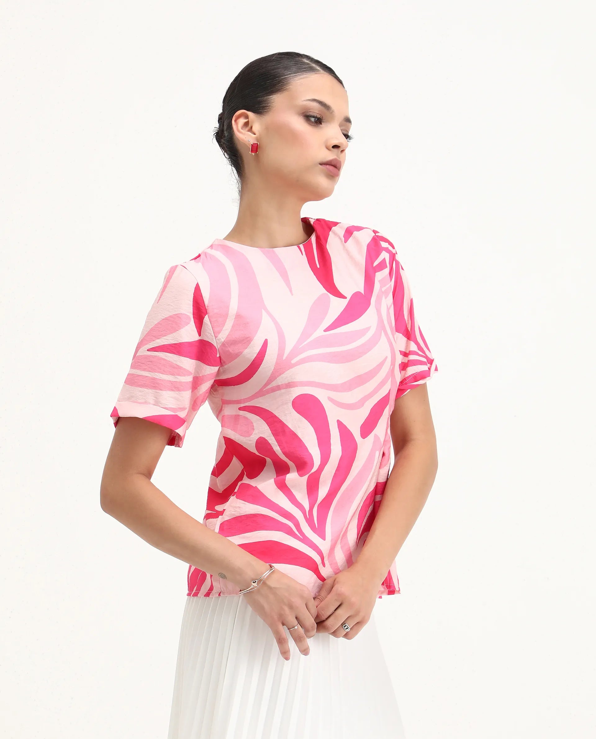 Rareism Women's Somtij Pink Viscose Blend Round Neck Abstract Print Regular Fit Top