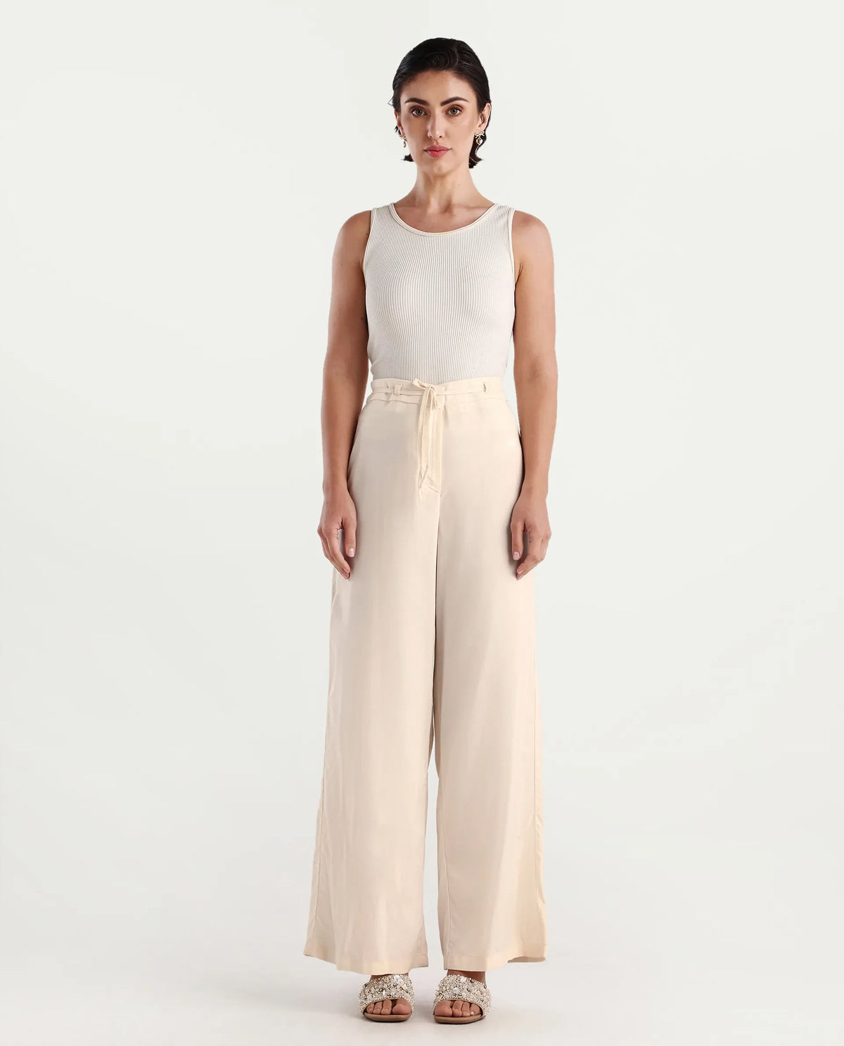 Rareism Women's Somuse Beige Viscose Plain Ankle Length Wide Trouser