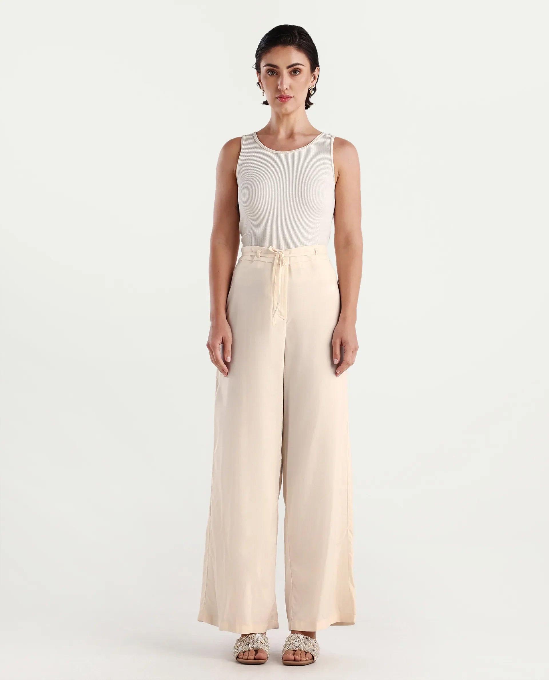 Rareism Women's Somuse Beige Viscose Plain Ankle Length Wide Trouser