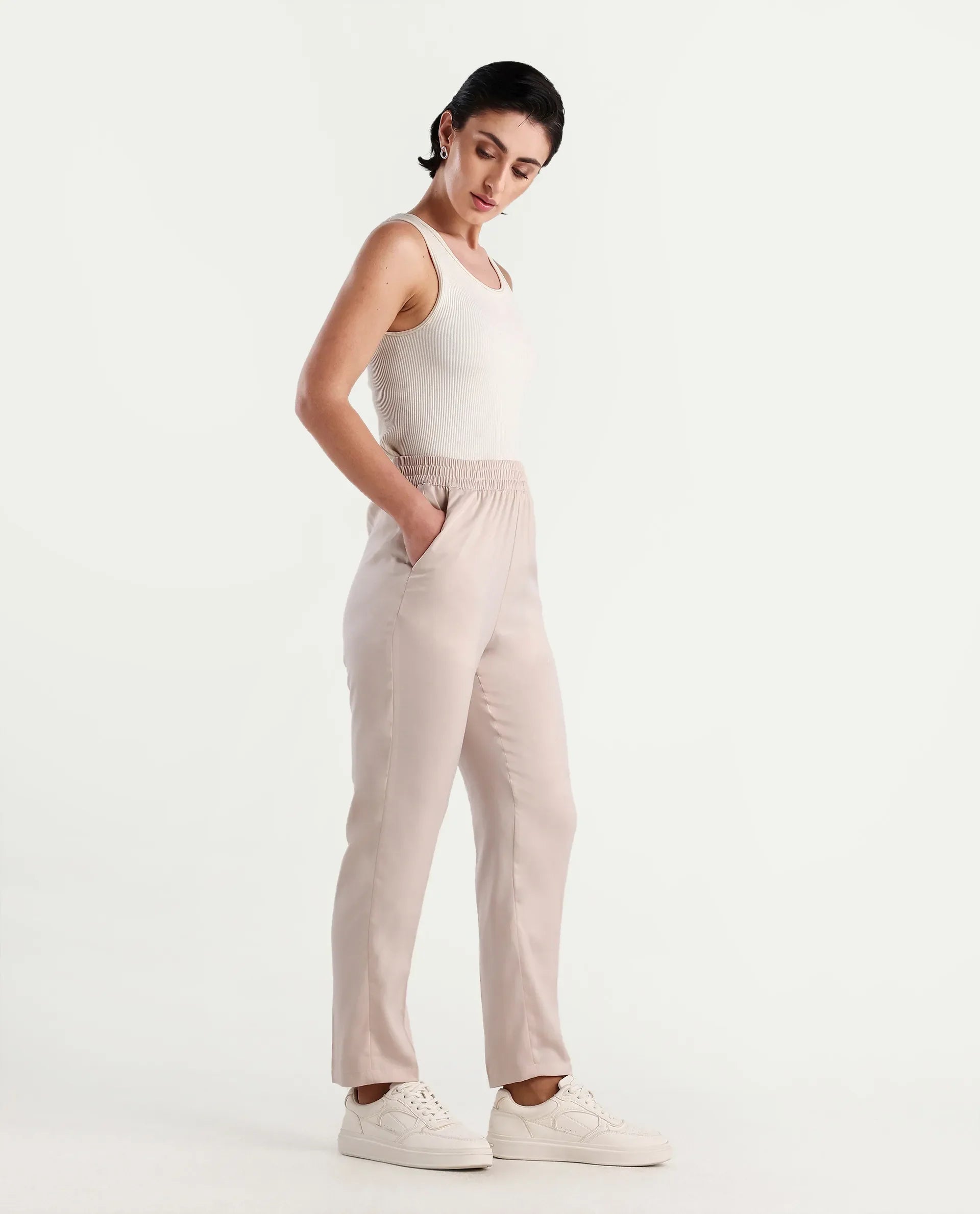 Rareism Women's Somuth Beige Polyester Plain Ankle Length Straight Fit Trouser