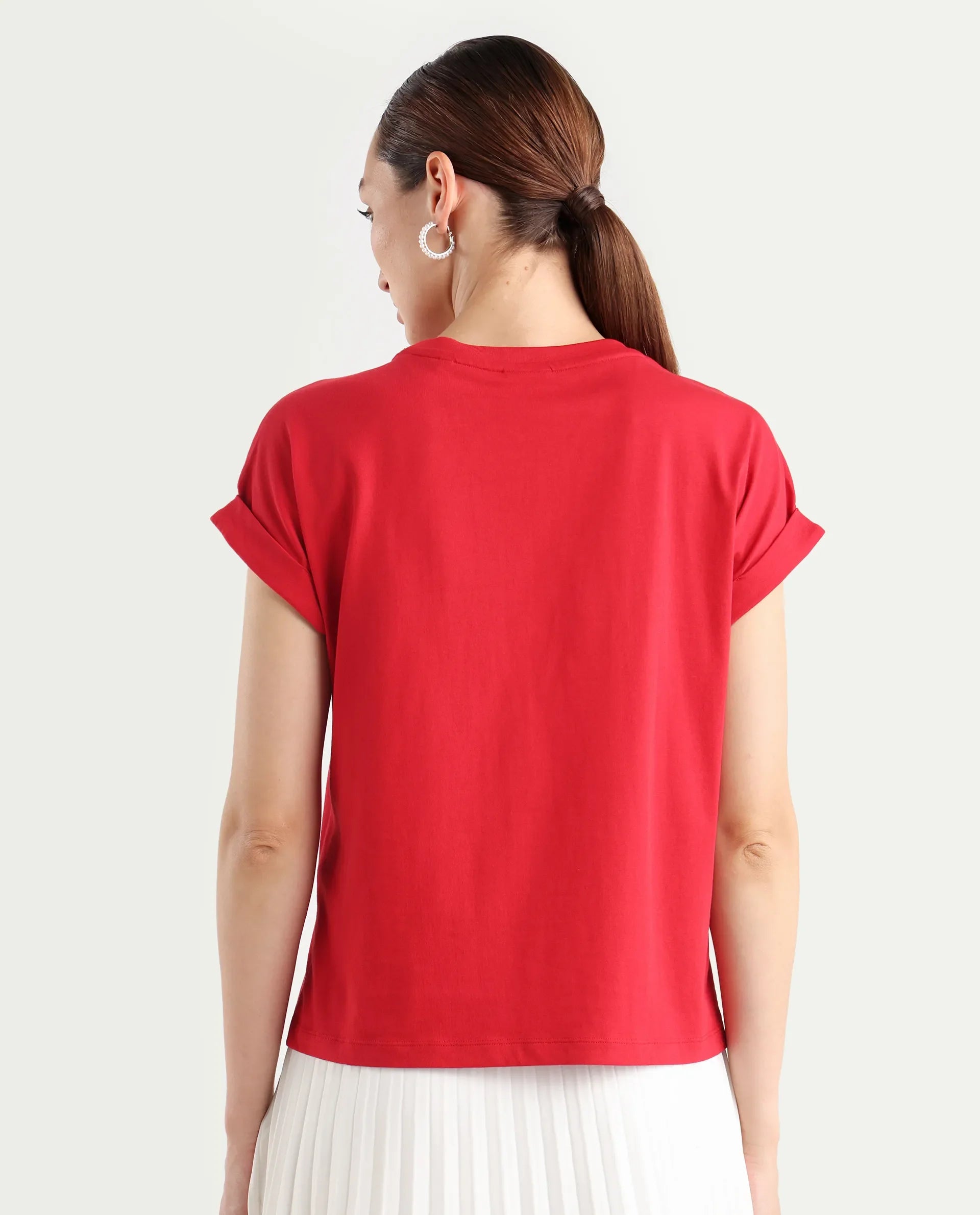 Rareism Women's Somvet-R Red Cotton Regular Graphic Print T-Shirt