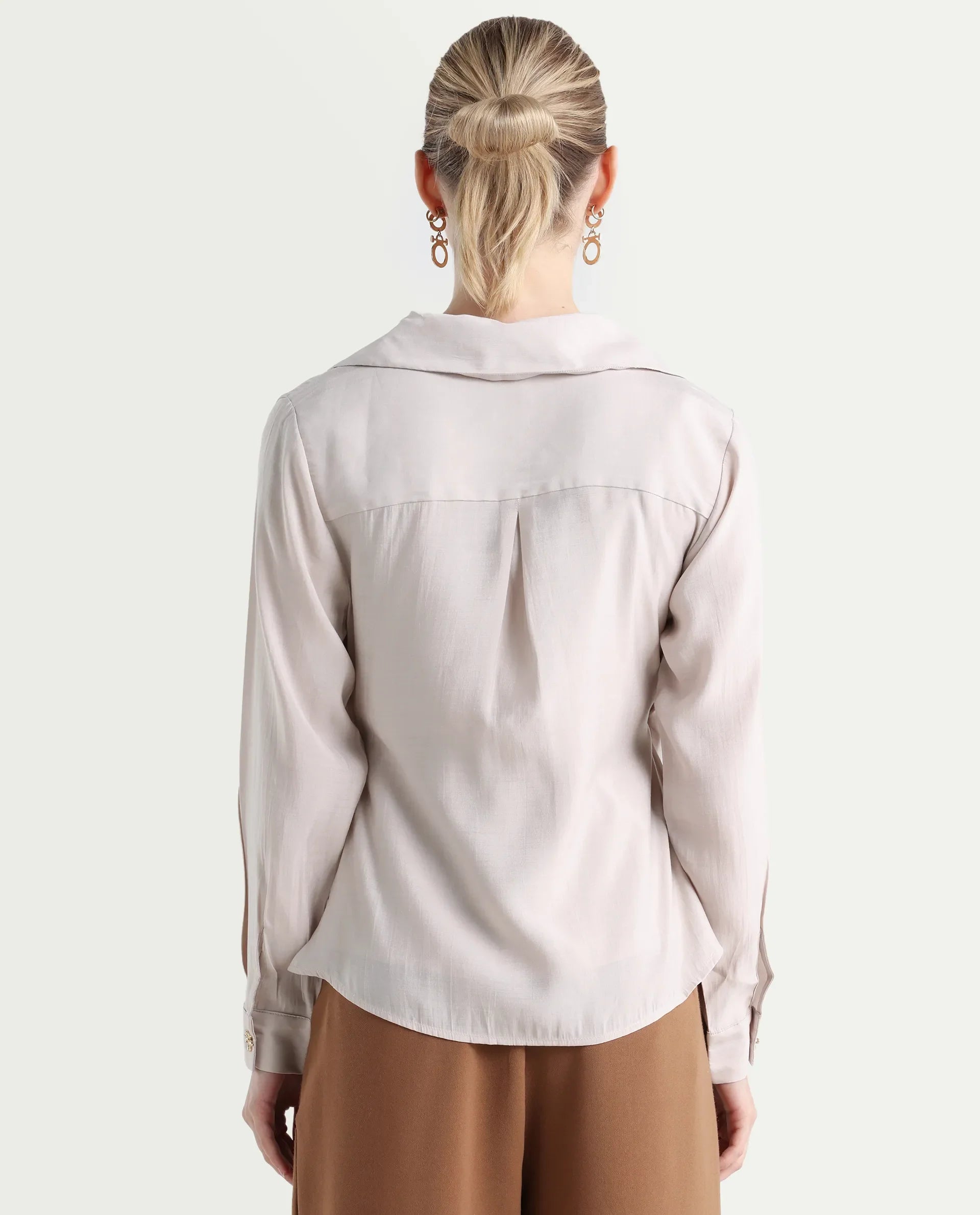 Rareism Women's Somvi Beige Viscose Blend Johnny Collar Plain Relaxed Fit Top