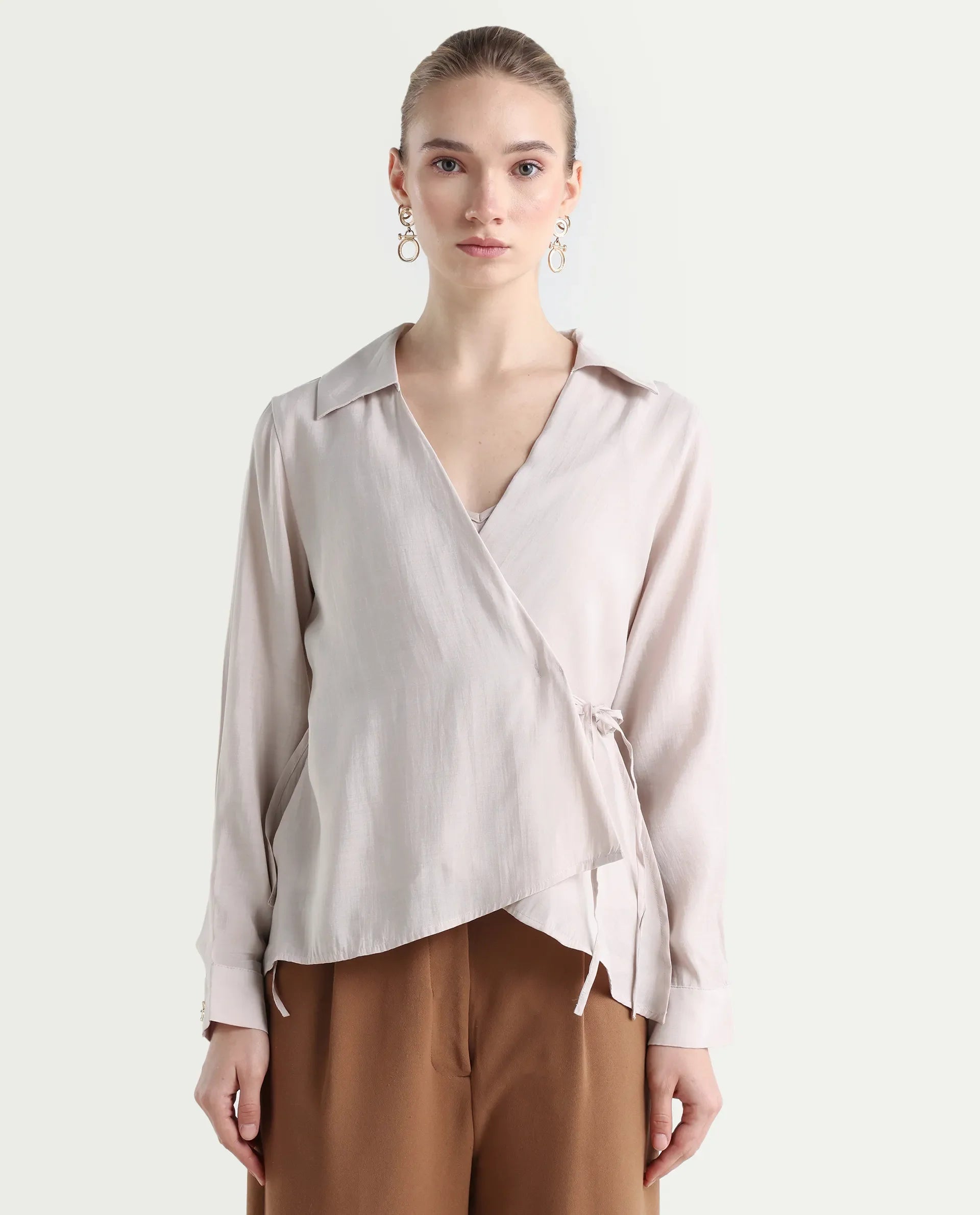 Rareism Women's Somvi Beige Viscose Blend Johnny Collar Plain Relaxed Fit Top