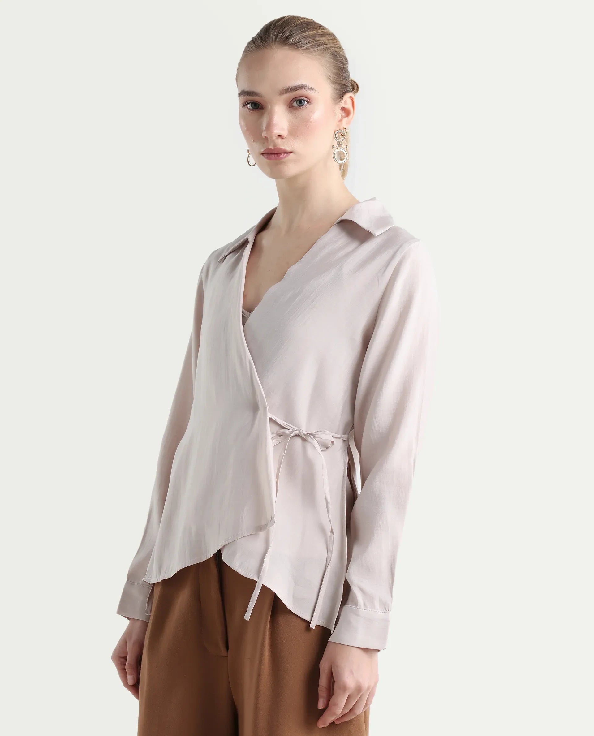 Rareism Women's Somvi Beige Viscose Blend Johnny Collar Plain Relaxed Fit Top