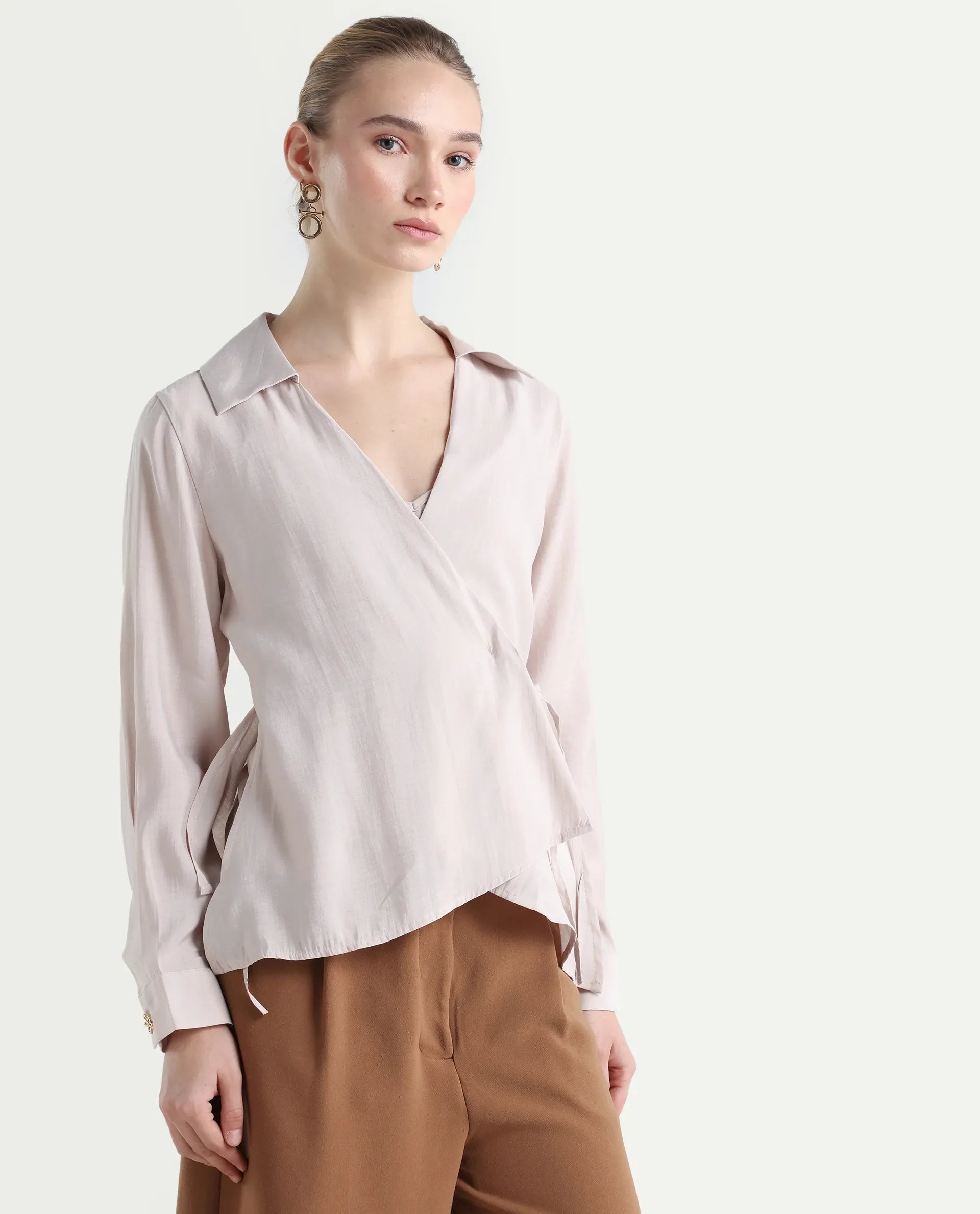 Rareism Women's Somvi Beige Viscose Blend Johnny Collar Plain Relaxed Fit Top