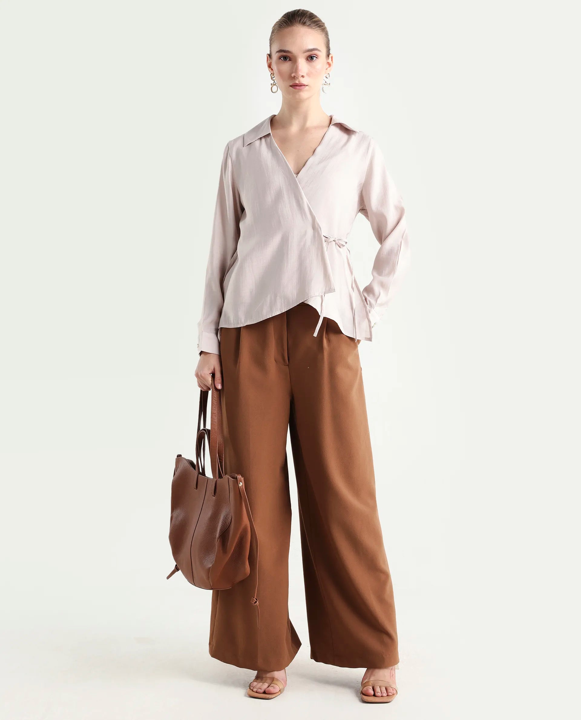 Rareism Women's Somvi Beige Viscose Blend Johnny Collar Plain Relaxed Fit Top