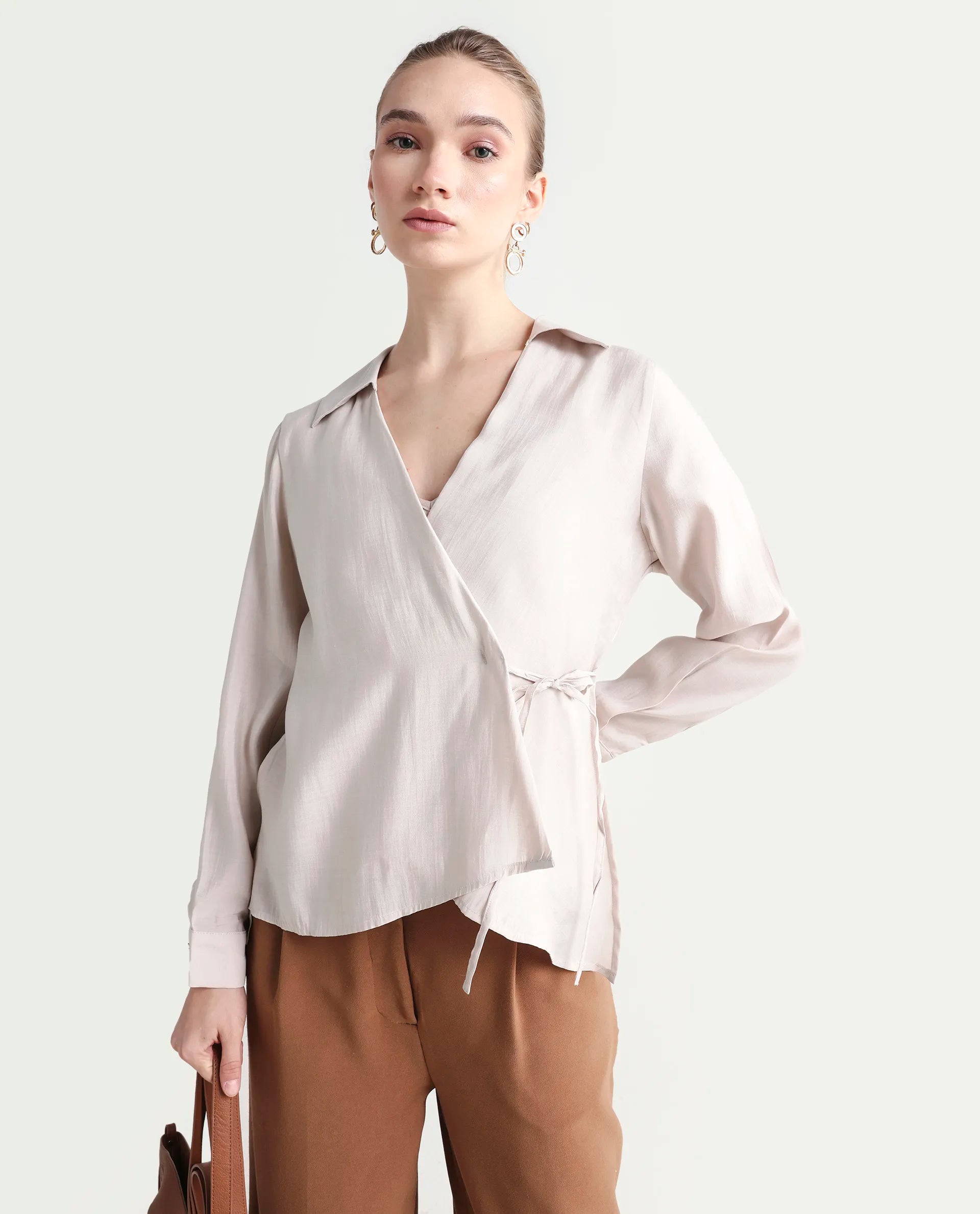 Rareism Women's Somvi Beige Viscose Blend Johnny Collar Plain Relaxed Fit Top