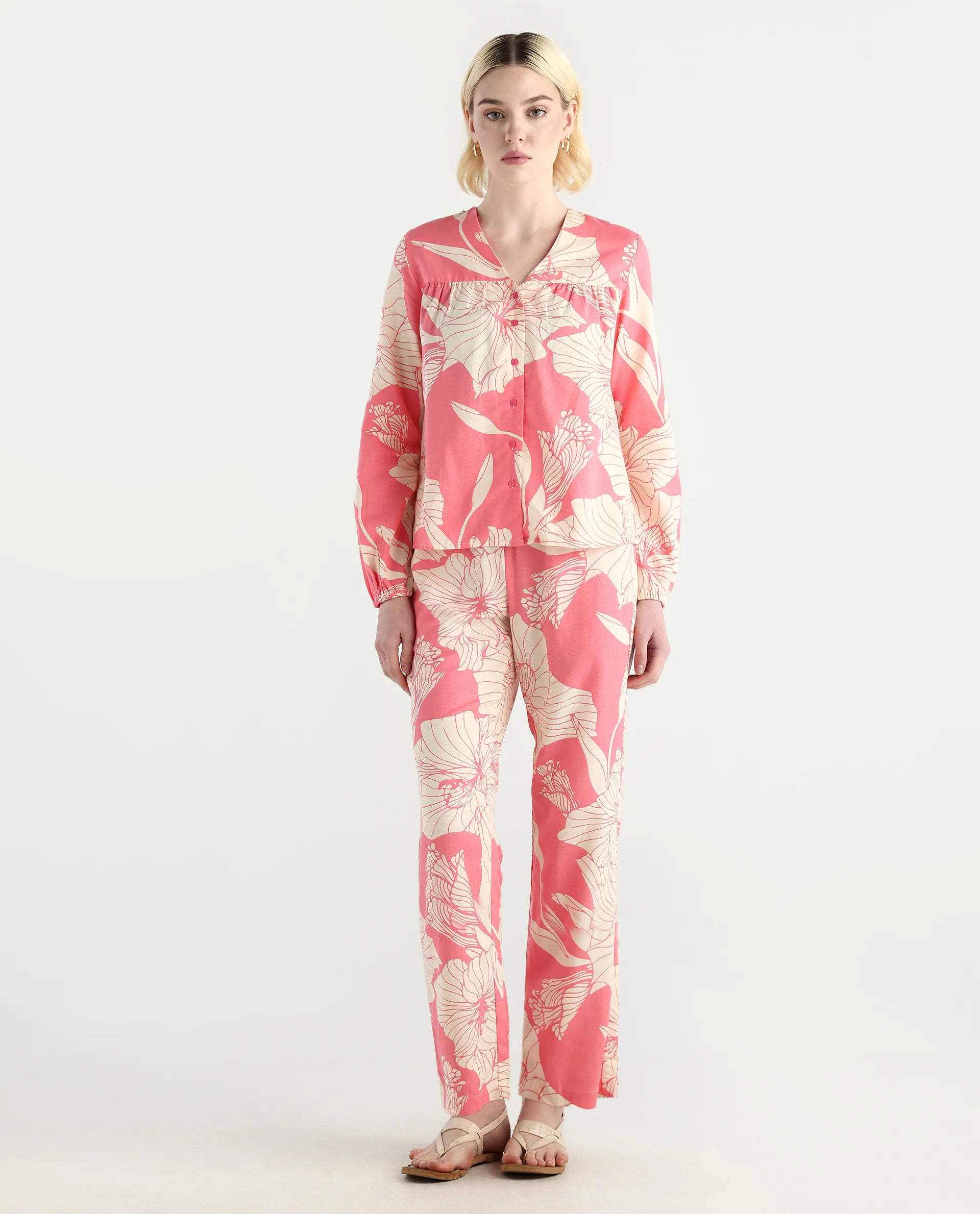 Rareism Women's Somyan B Pink Rayon Blend Floral Print Ankle Length Straight Fit Trouser