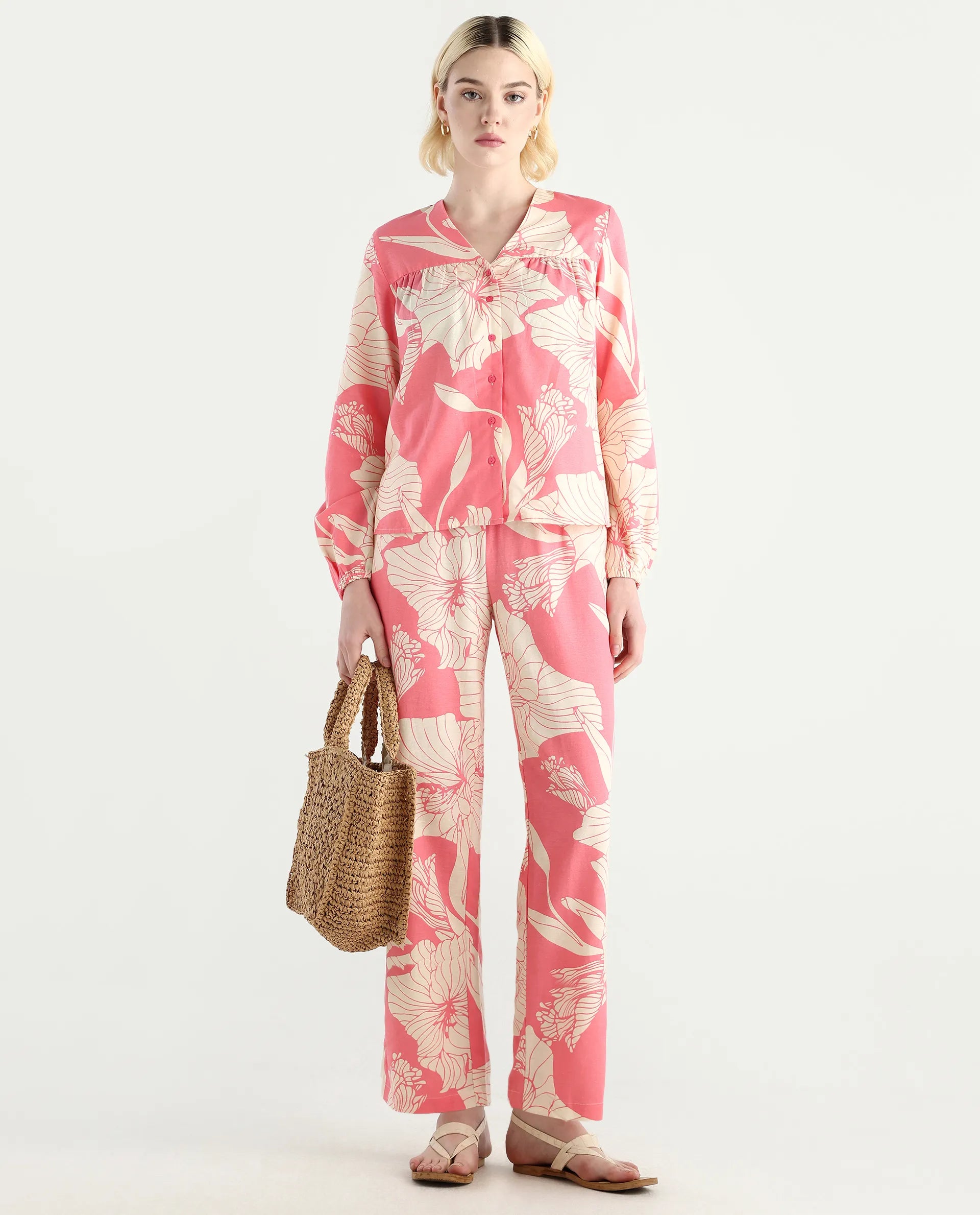Rareism Women's Somyan B Pink Rayon Blend Floral Print Ankle Length Straight Fit Trouser