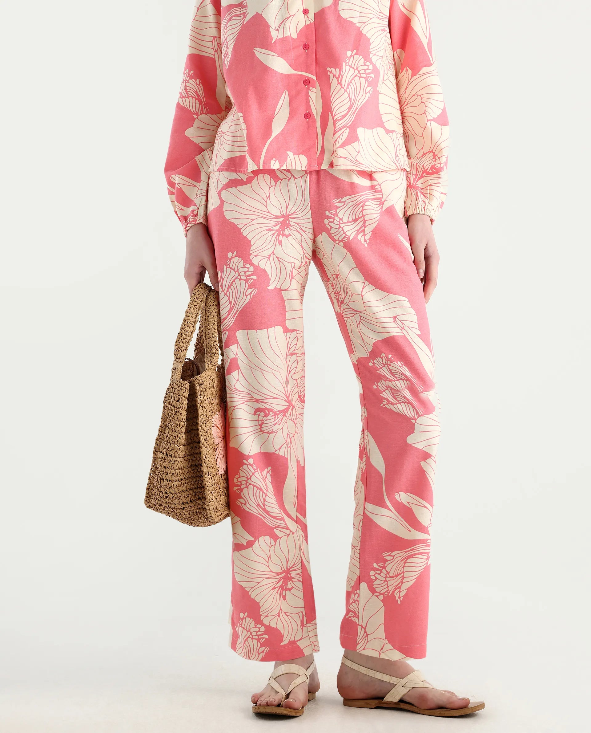 Rareism Women's Somyan B Pink Rayon Blend Floral Print Ankle Length Straight Fit Trouser