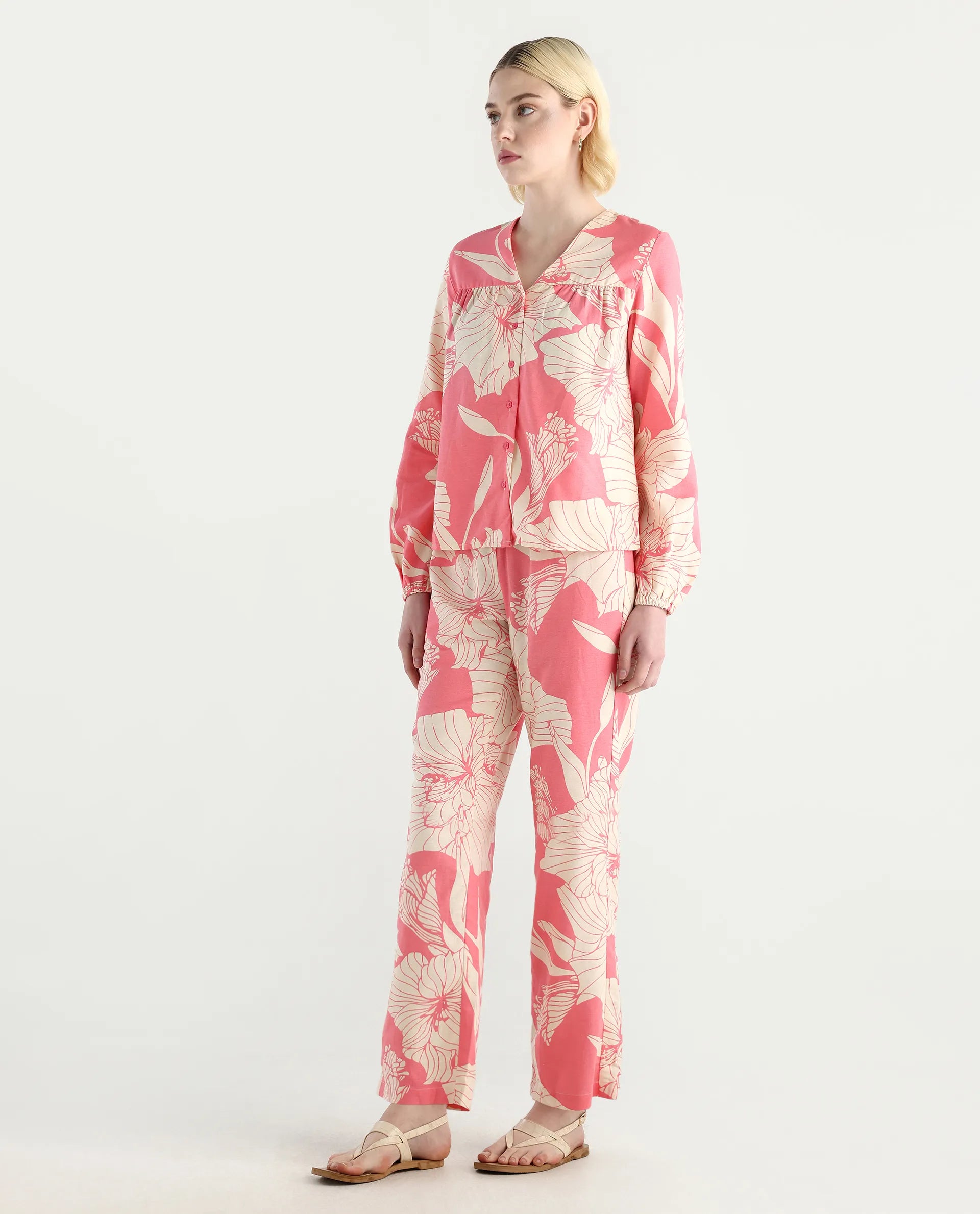 Rareism Women's Somyan B Pink Rayon Blend Floral Print Ankle Length Straight Fit Trouser
