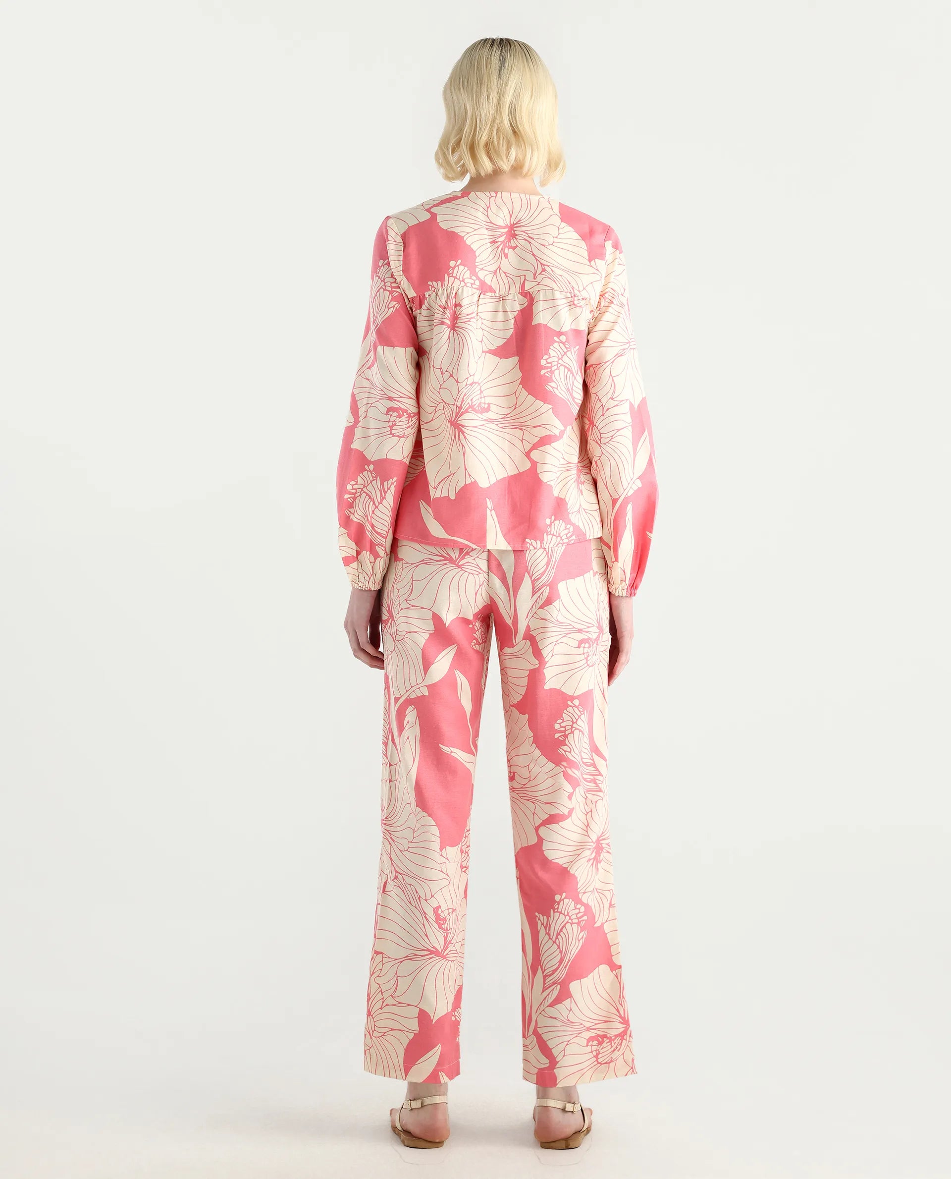 Rareism Women's Somyan B Pink Rayon Blend Floral Print Ankle Length Straight Fit Trouser
