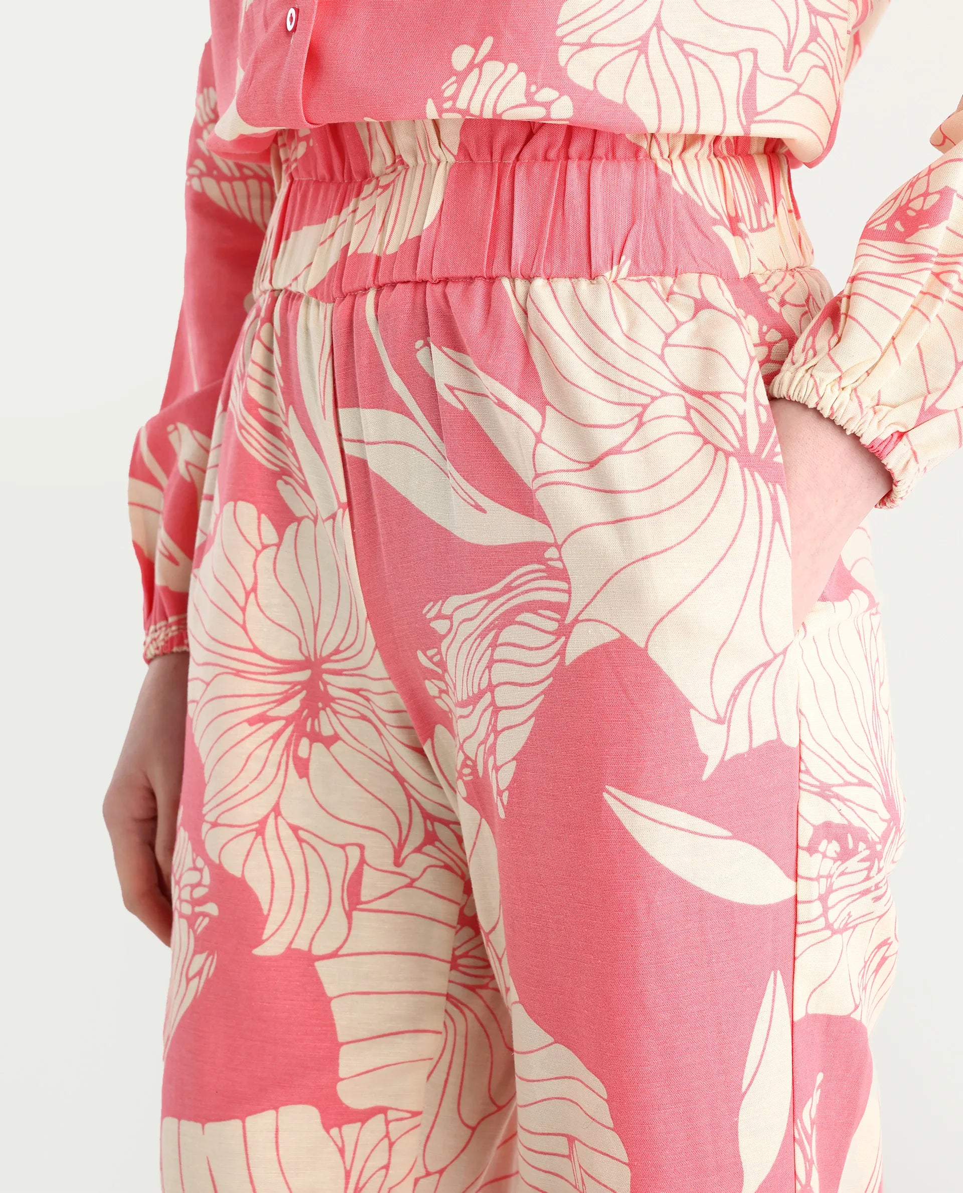 Rareism Women's Somyan B Pink Rayon Blend Floral Print Ankle Length Straight Fit Trouser