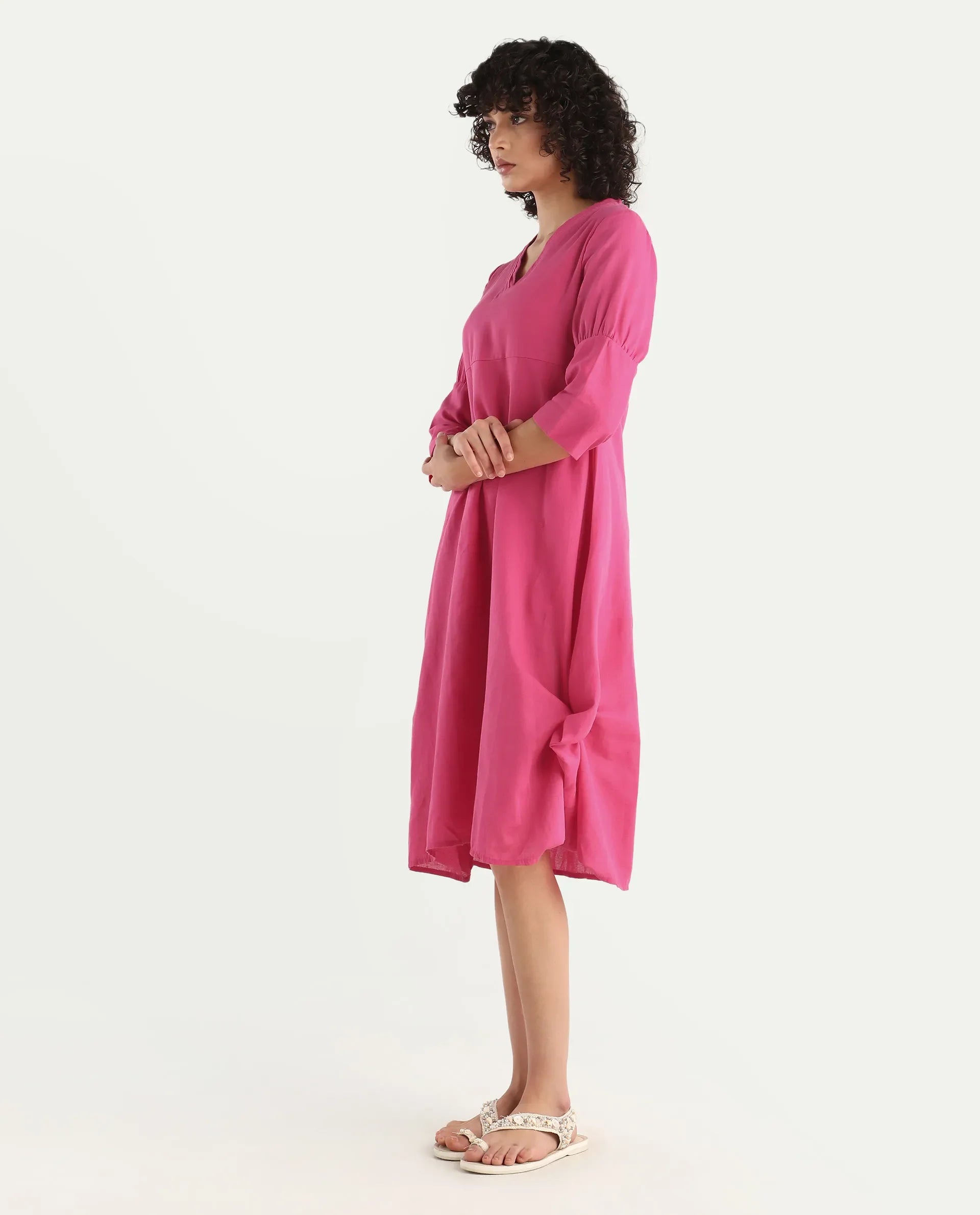 Rareism Women's Somyer Pink Linen V-Neck Plain Midi Flared Dress
