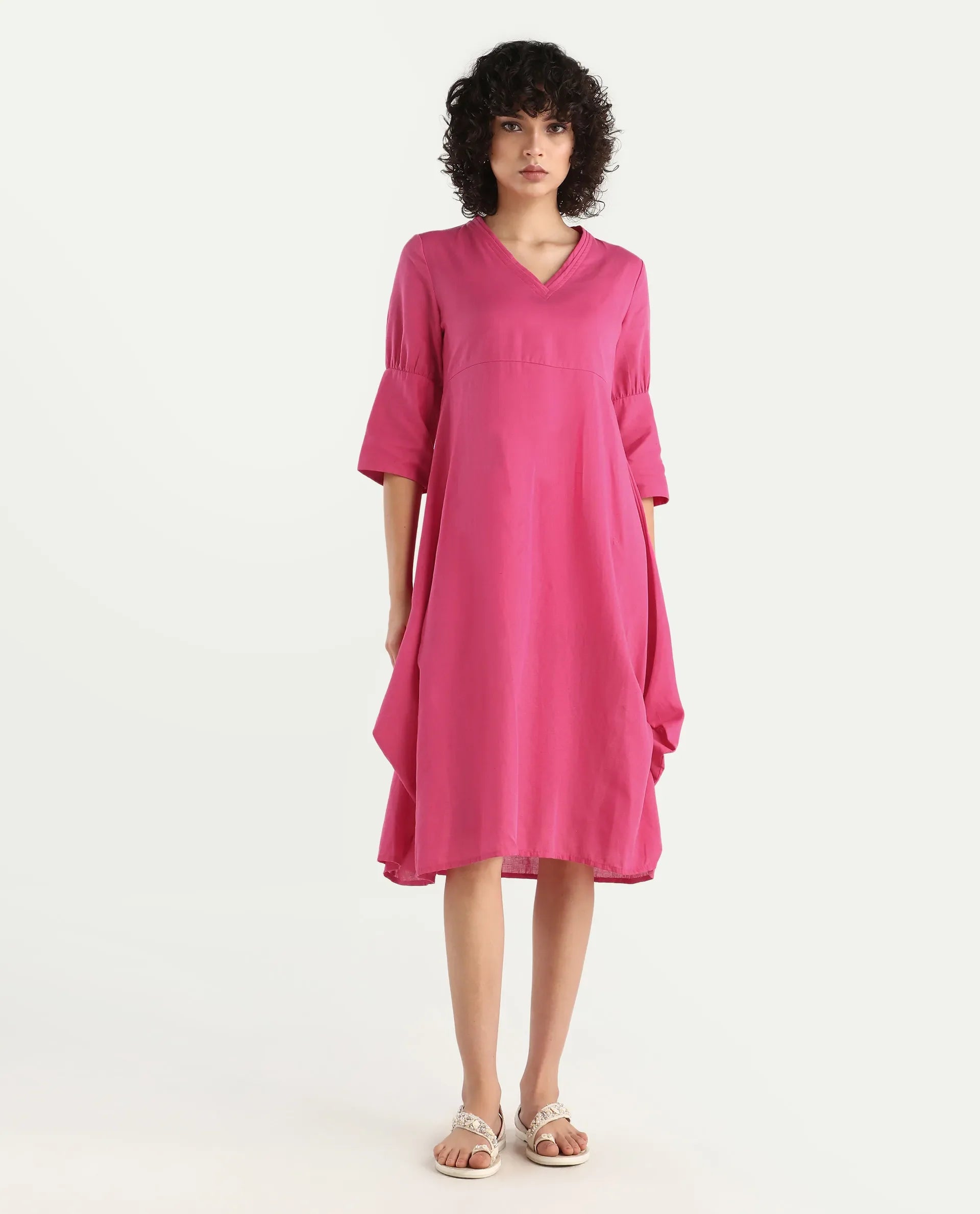 Rareism Women's Somyer Pink Linen V-Neck Plain Midi Flared Dress