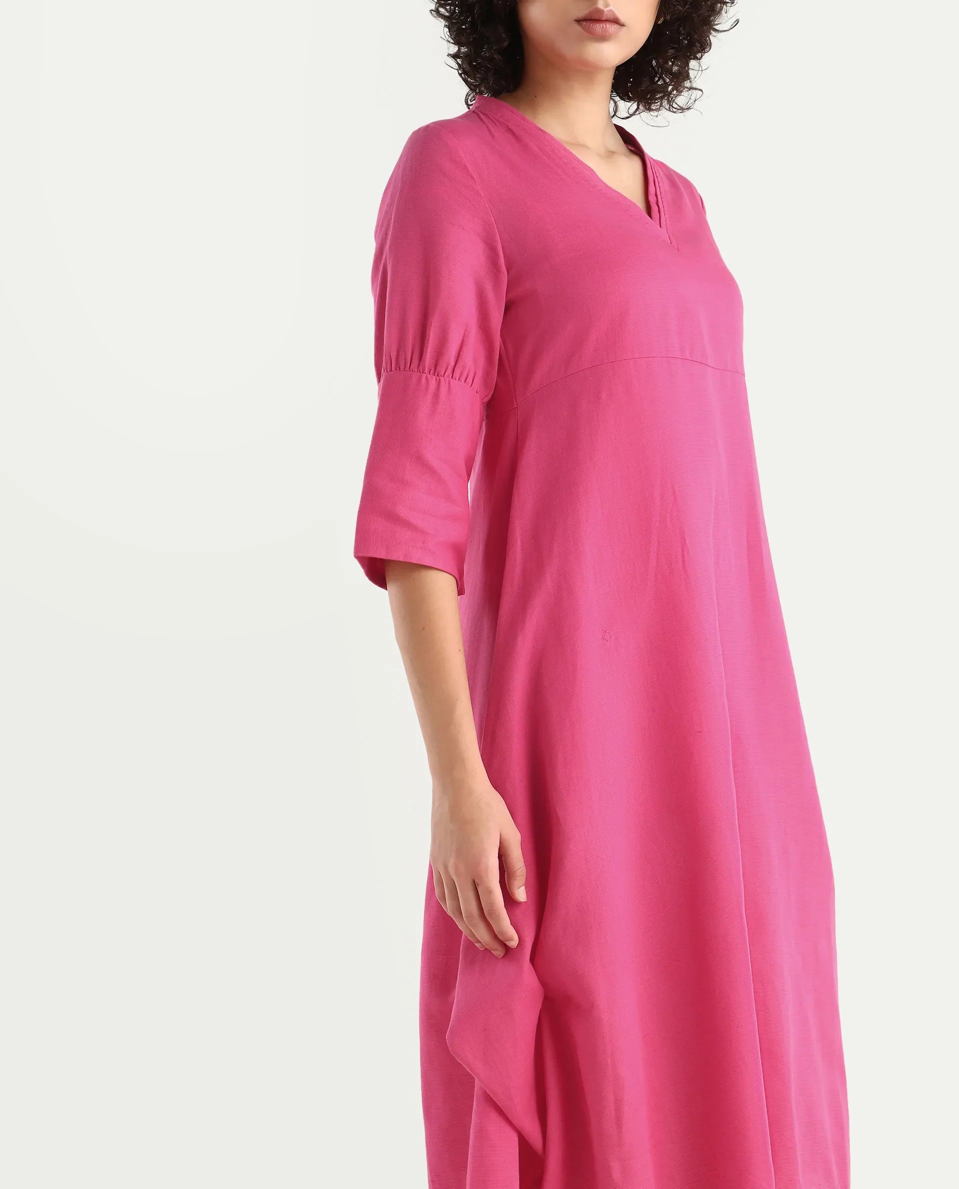 Rareism Women's Somyer Pink Linen V-Neck Plain Midi Flared Dress
