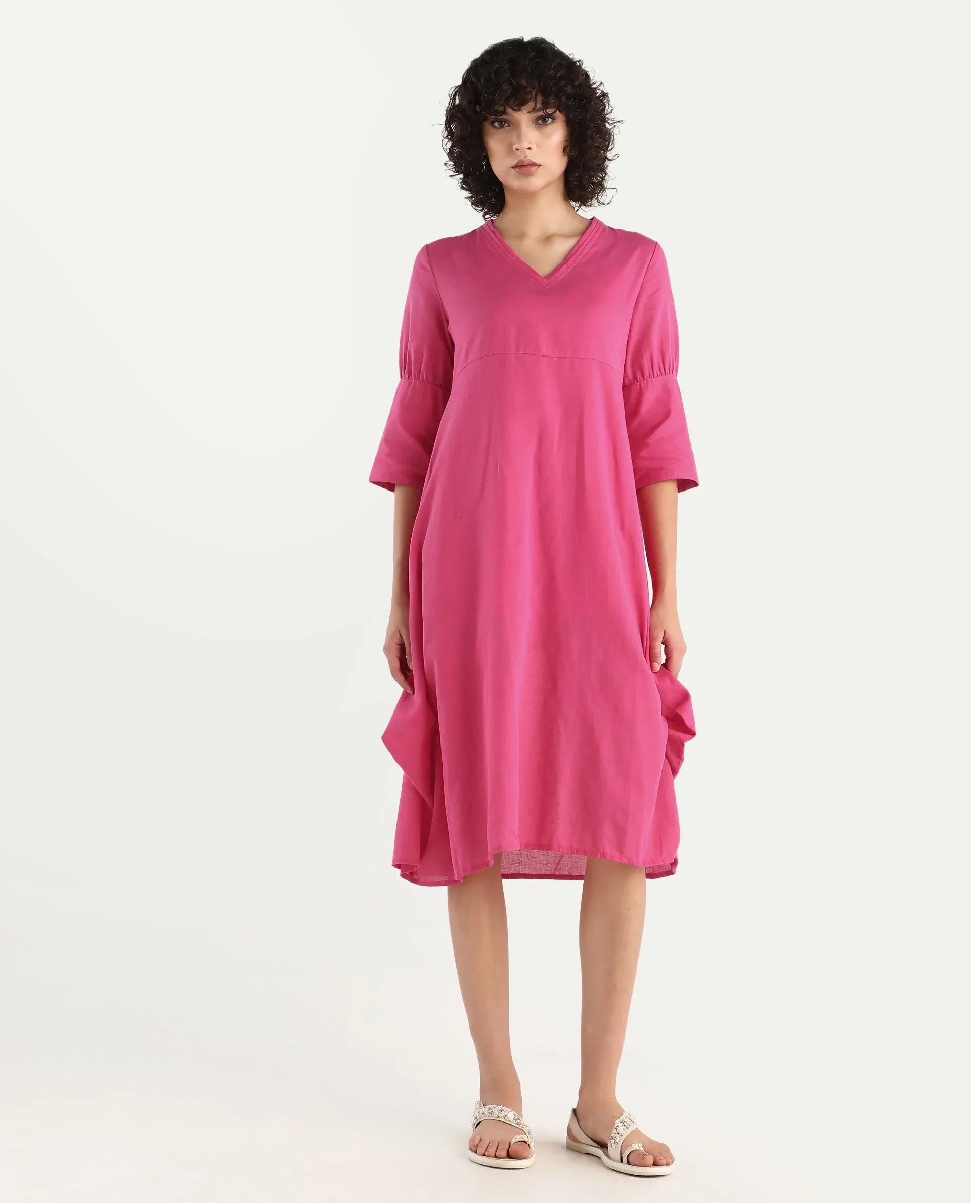 Rareism Women's Somyer Pink Linen V-Neck Plain Midi Flared Dress