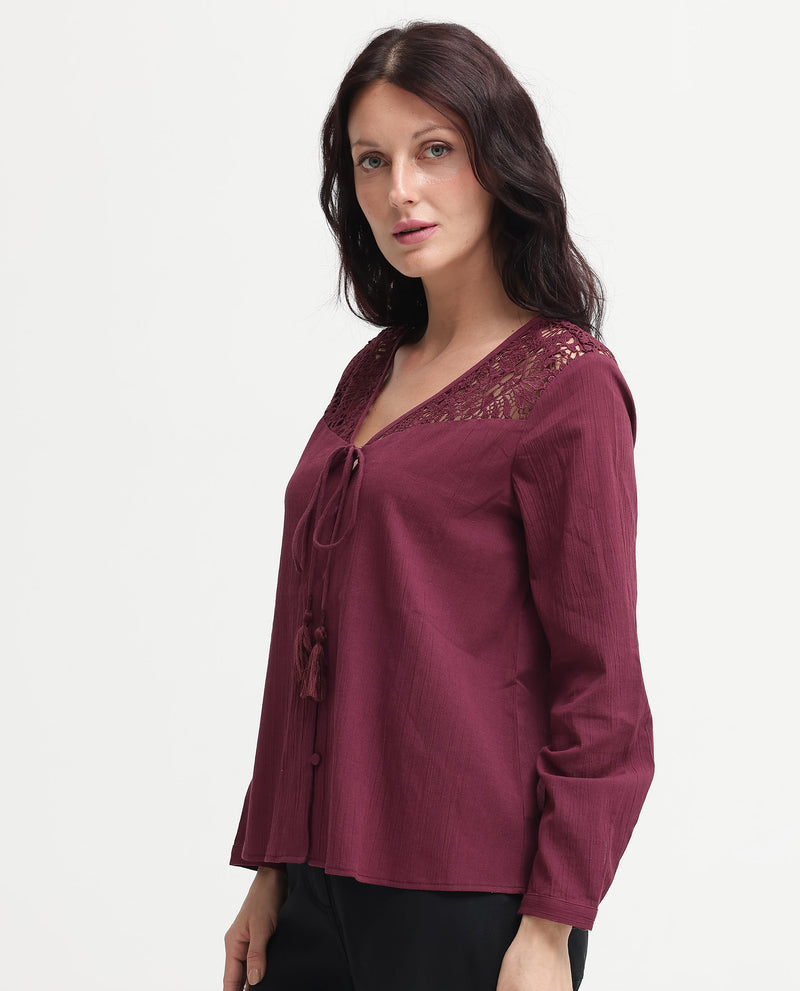 Rareism Women Sonoki Dark Maroon Cotton Button Closure Full Sleeve V-Neck Relaxed Fit Plain Top