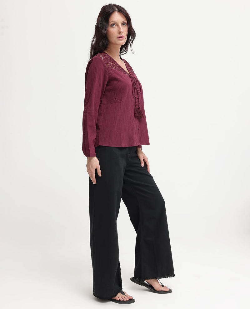 Rareism Women Sonoki Dark Maroon Cotton Button Closure Full Sleeve V-Neck Relaxed Fit Plain Top