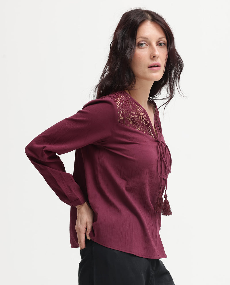 Rareism Women Sonoki Dark Maroon Cotton Button Closure Full Sleeve V-Neck Relaxed Fit Plain Top