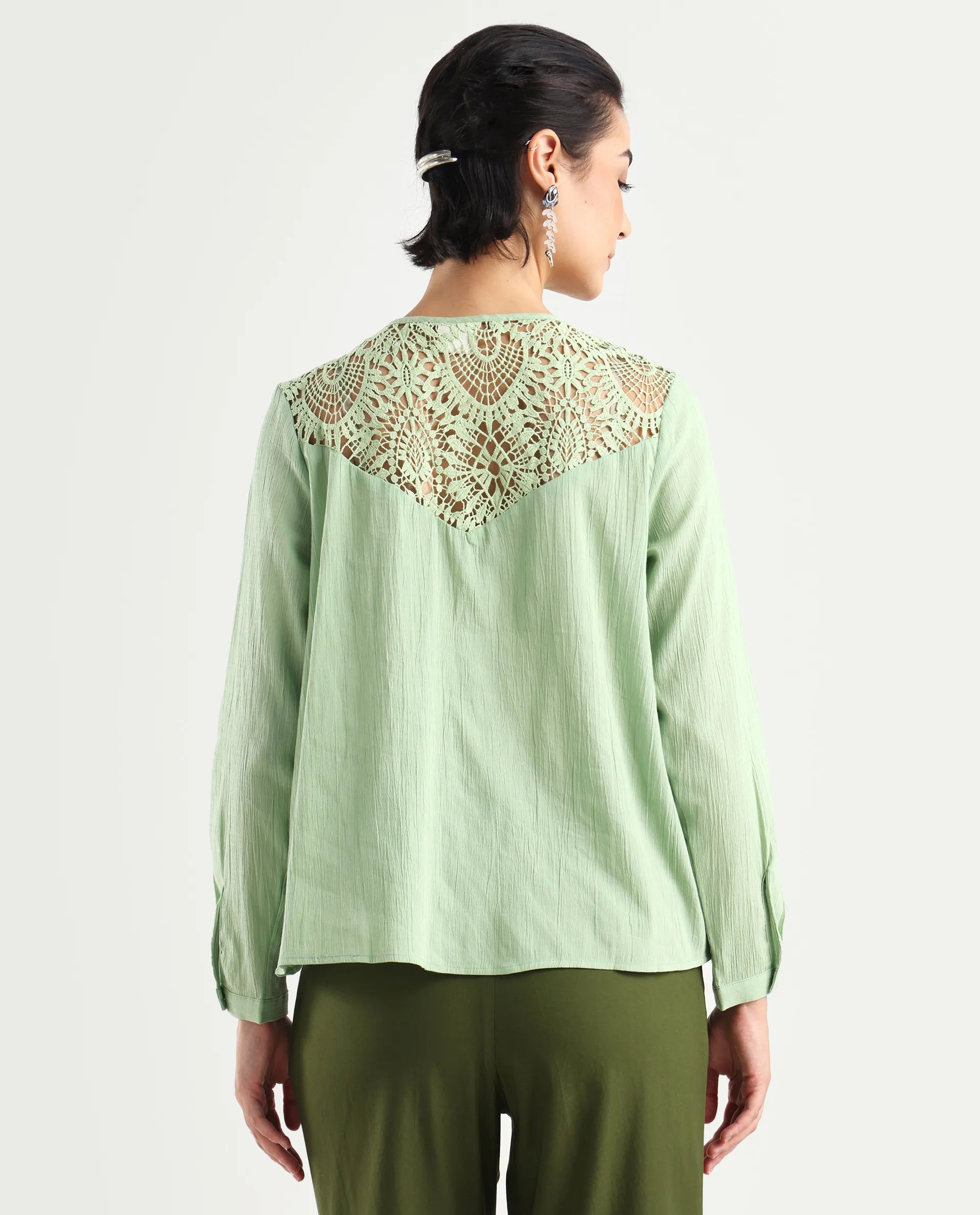 Rareism Women's Sonoki Dusky Green Cotton Blend V-Neck Plain Relaxed Fit Top